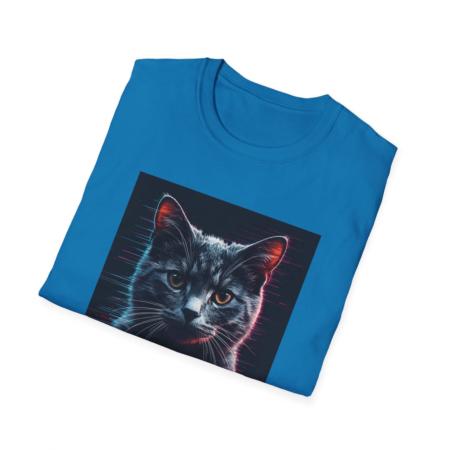 Pixellated Cat - Retro Meow Mode T-Shirt in Sapphire - Folded