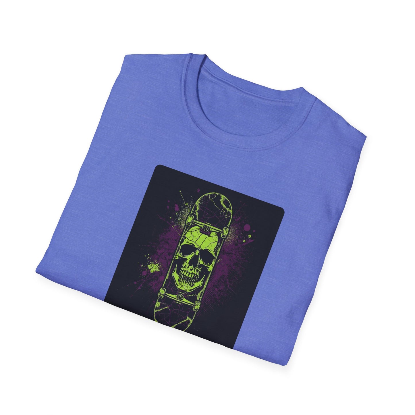 Neon Skull Skateboard – Electric Street Rebel T-Shirt in Heather Royal - Folded
