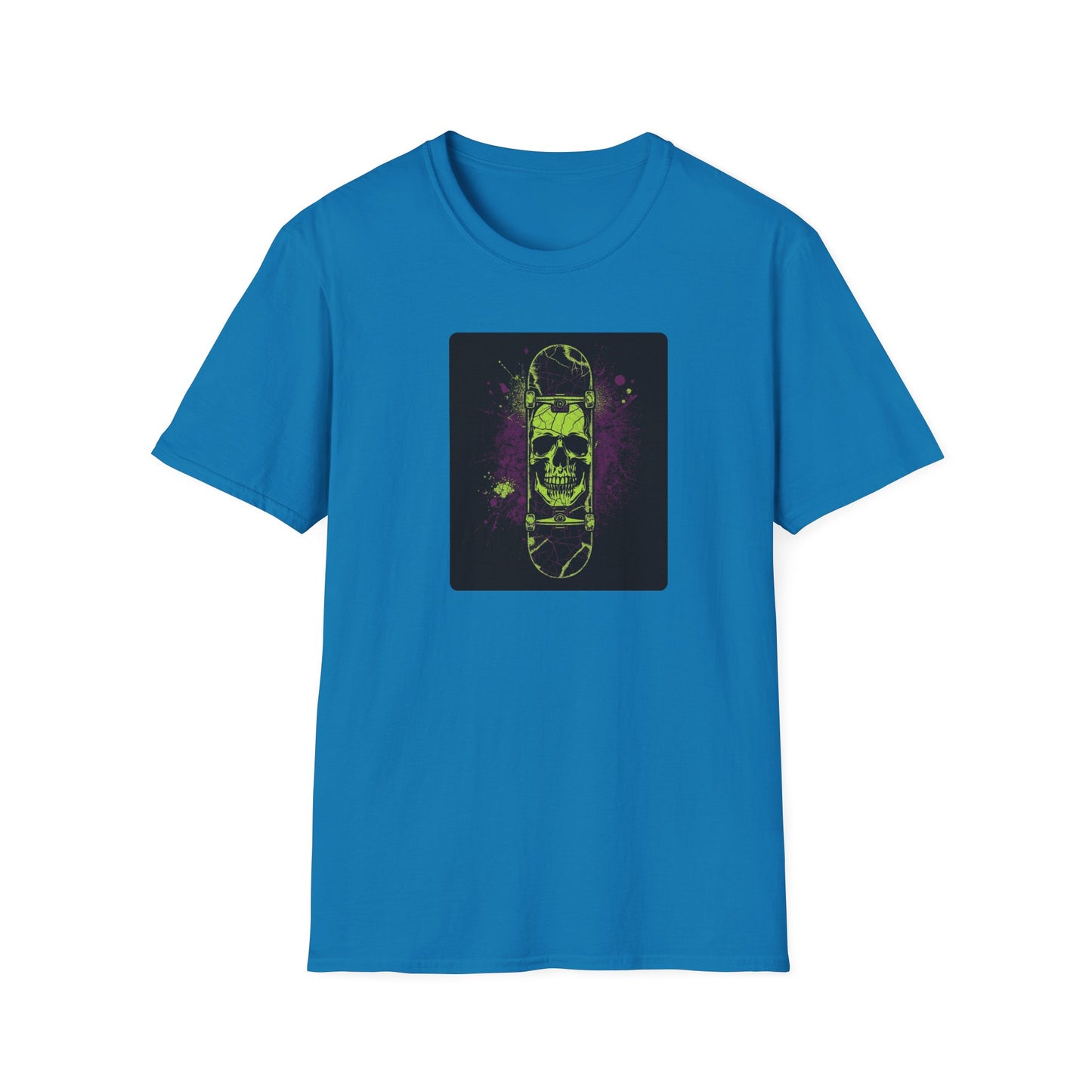Neon Skull Skateboard – Electric Street Rebel T-Shirt in Sapphire