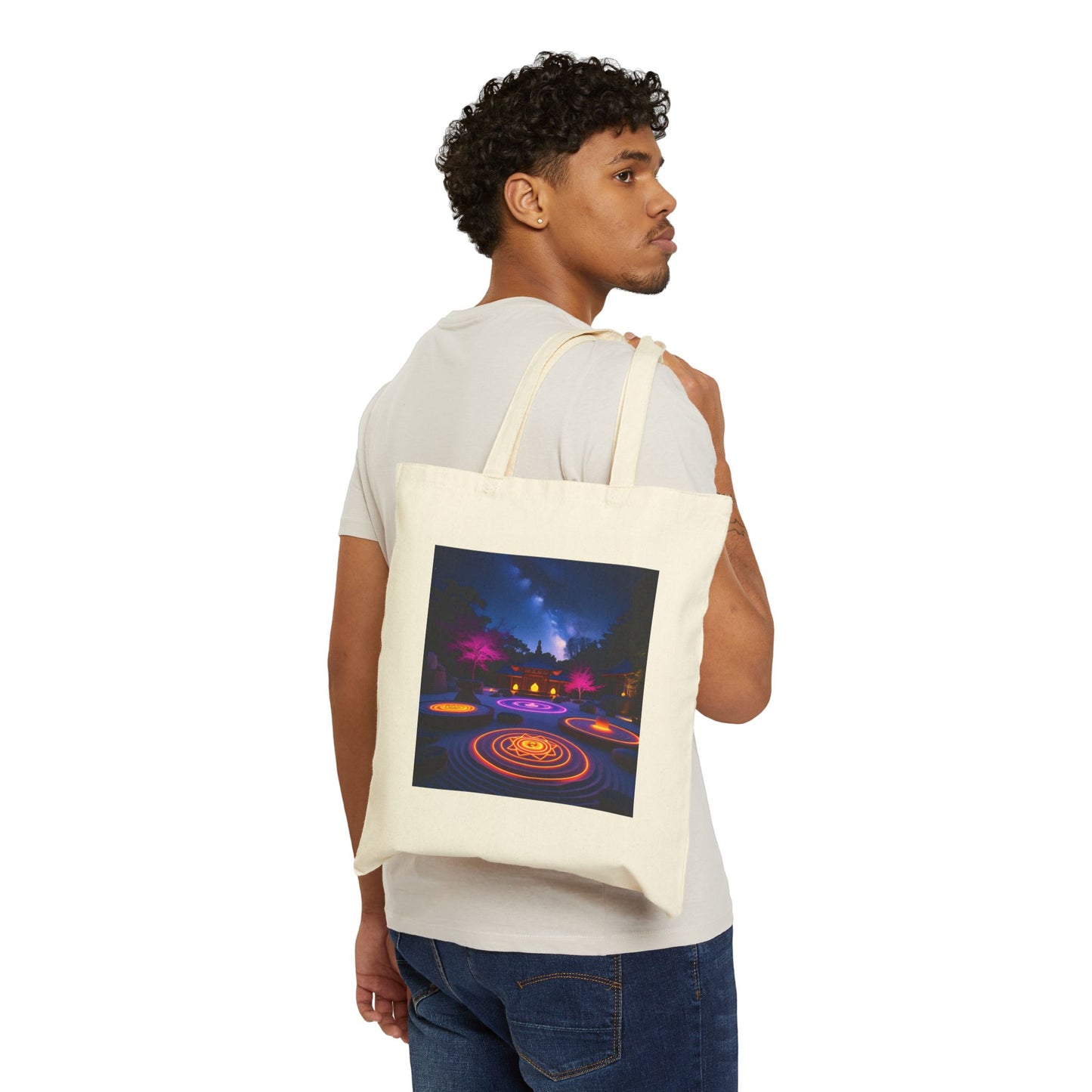 Zen Garden with Neon Chakras Spiritual Canvas Tote Bag in Natural