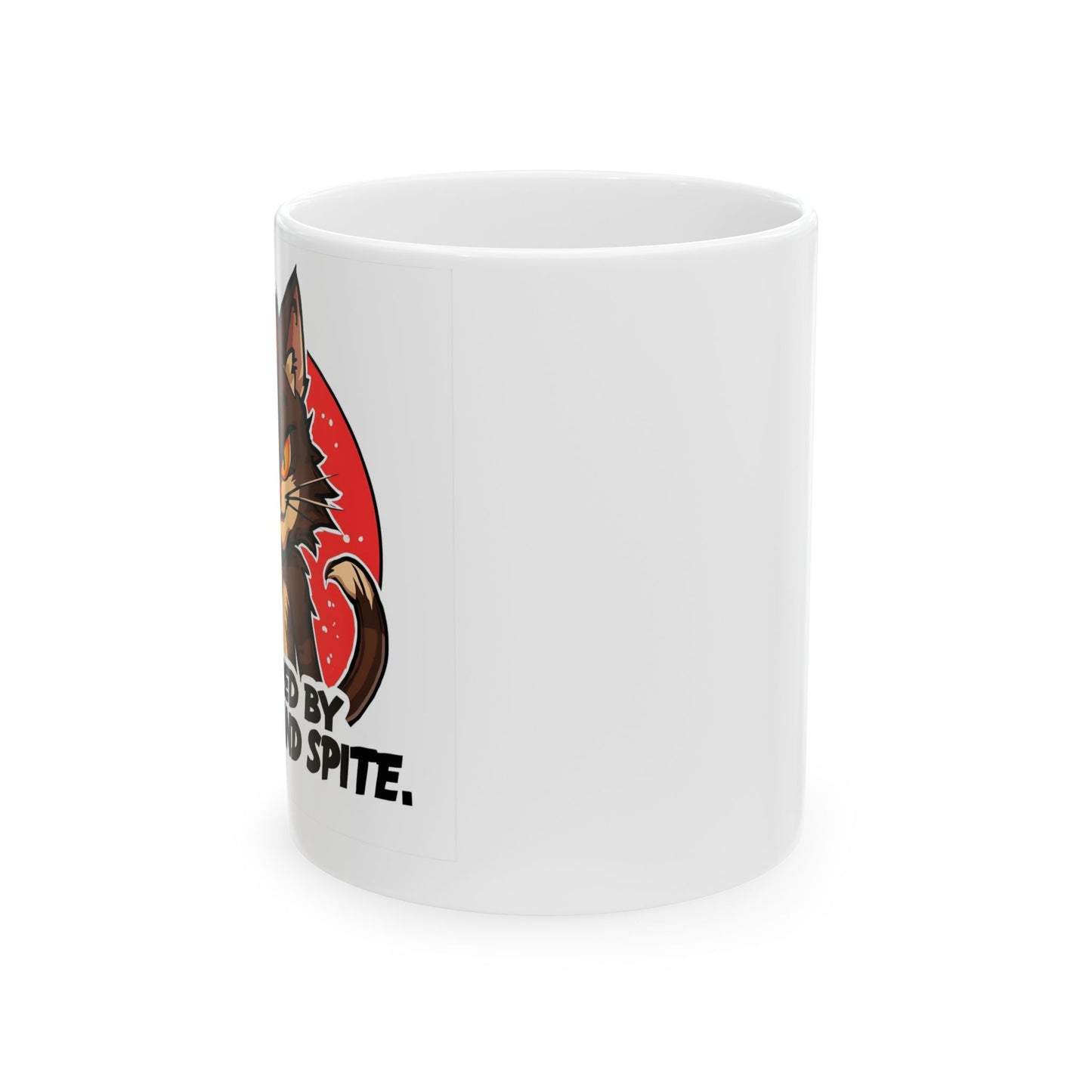 Powered by Coffee and Spite Funny Ceramic Mug - side view - white mug with image and funny text