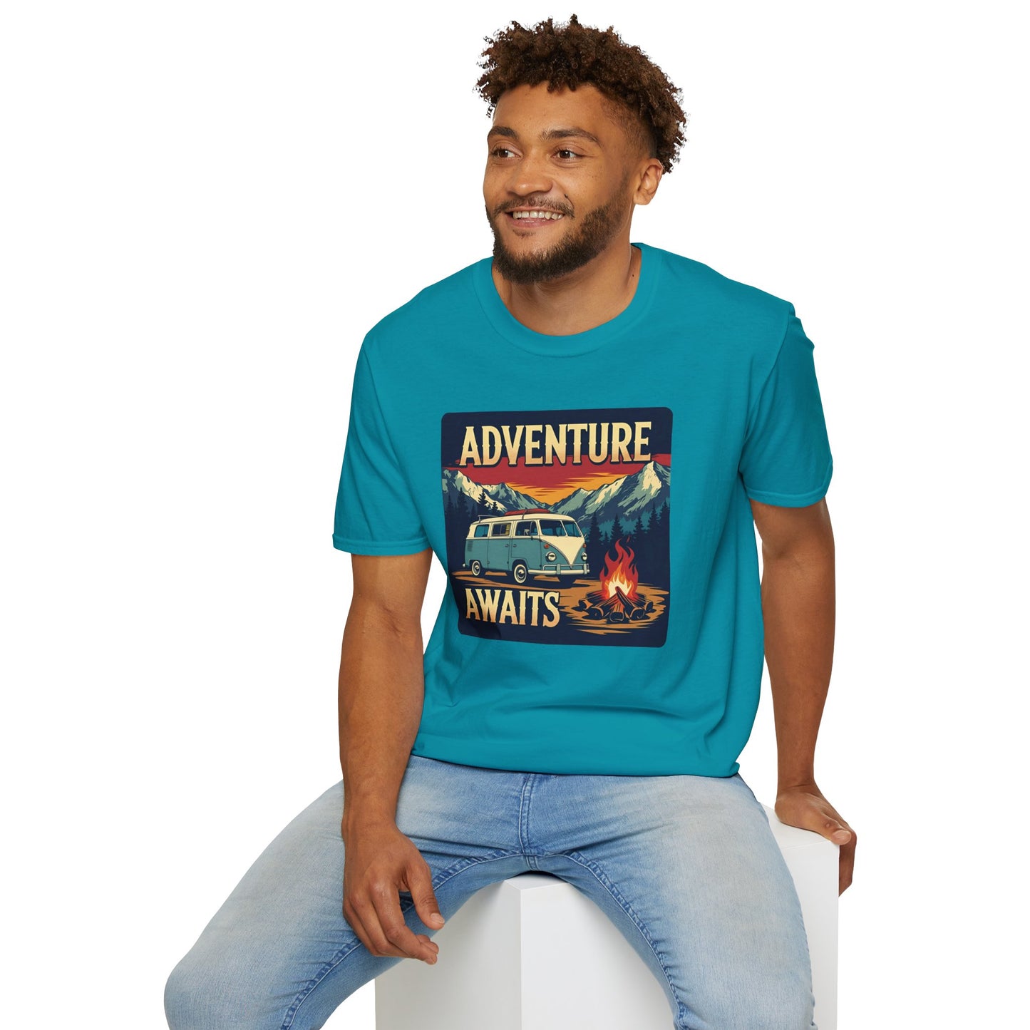 Adventure Awaits - Retro Camper Van Adventure T-Shirt in Tropical Blue