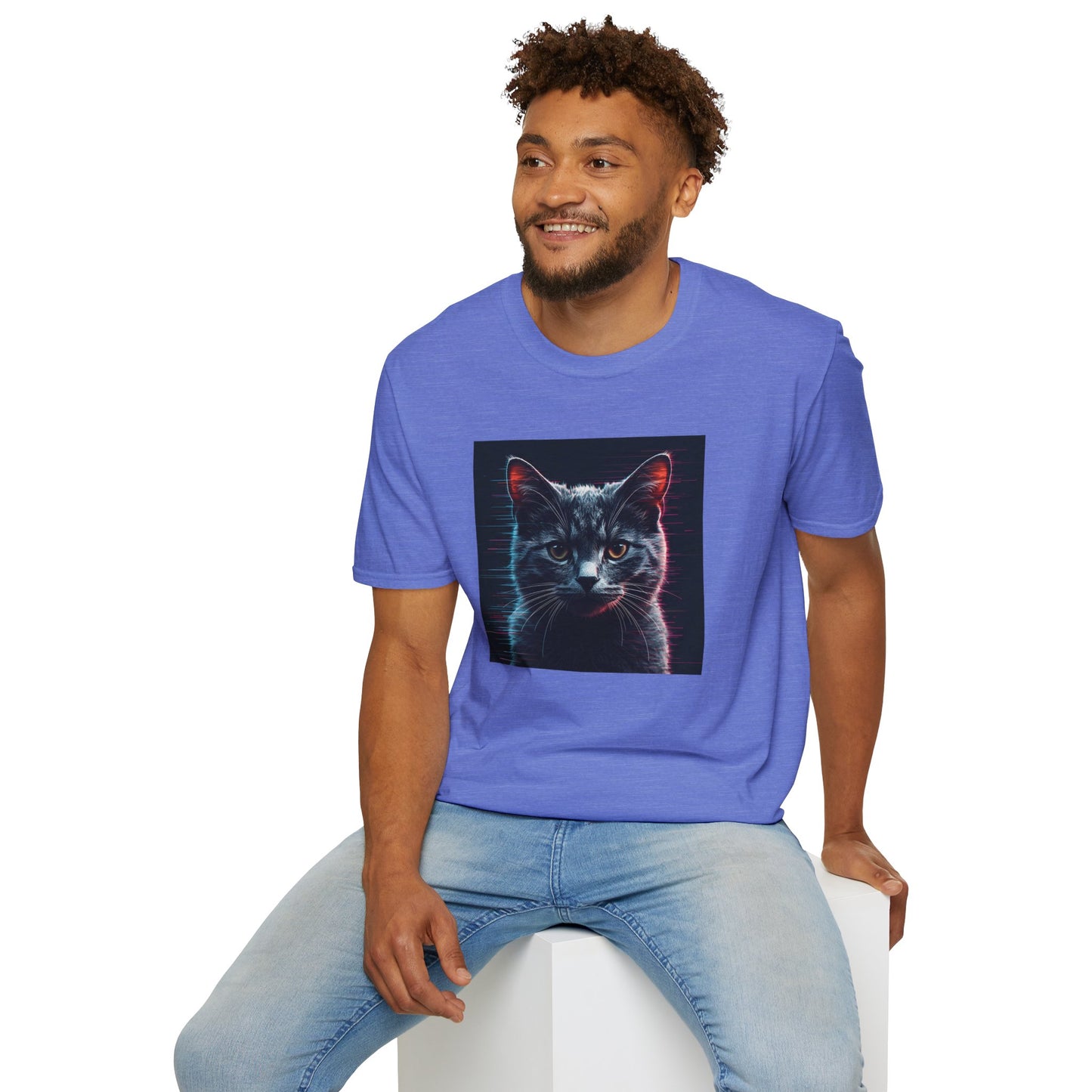 Pixellated Cat - Retro Meow Mode T-Shirt in Heather Royal