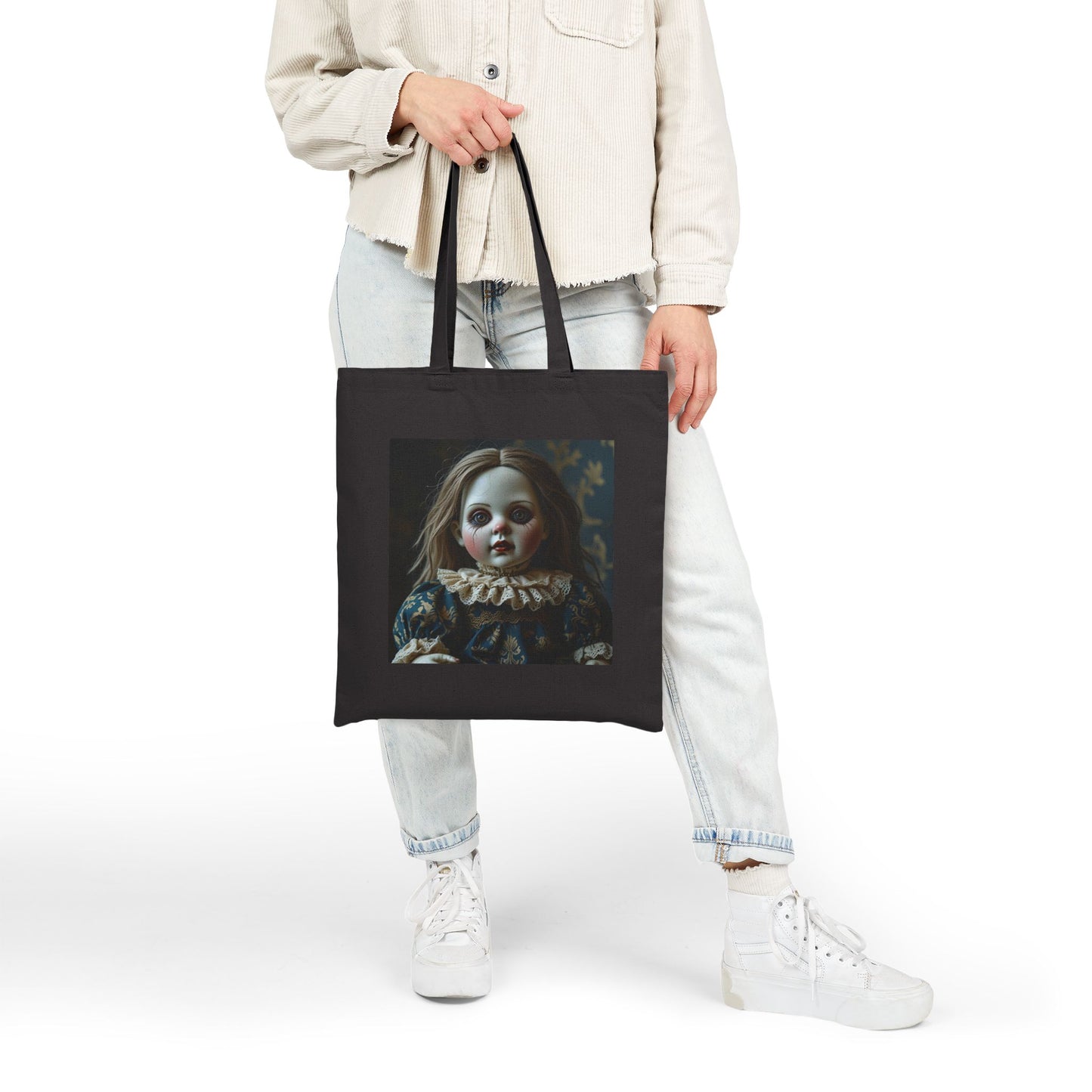 Lizzie - Spooky Vintage Doll Canvas Tote Bag in Black