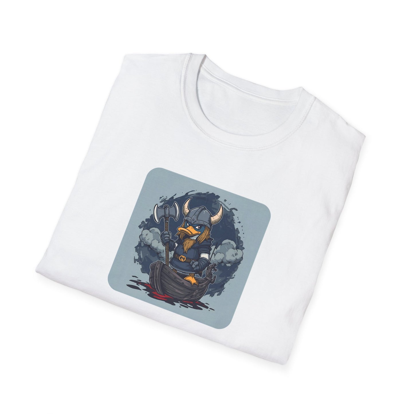 Goth Viking Duck – Dark Cartoon Chaos T-Shirt in White - Folded