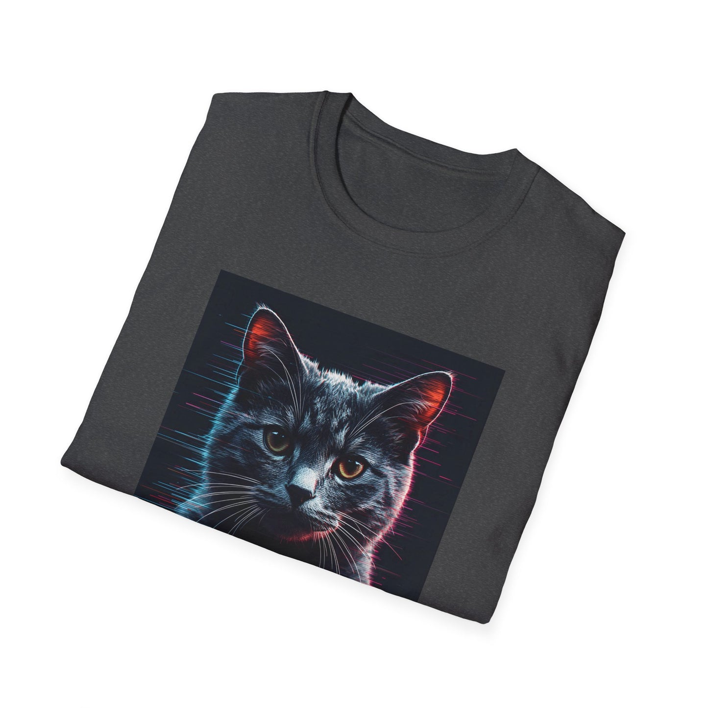Pixellated Cat - Retro Meow Mode T-Shirt in Dark Heather - Folded
