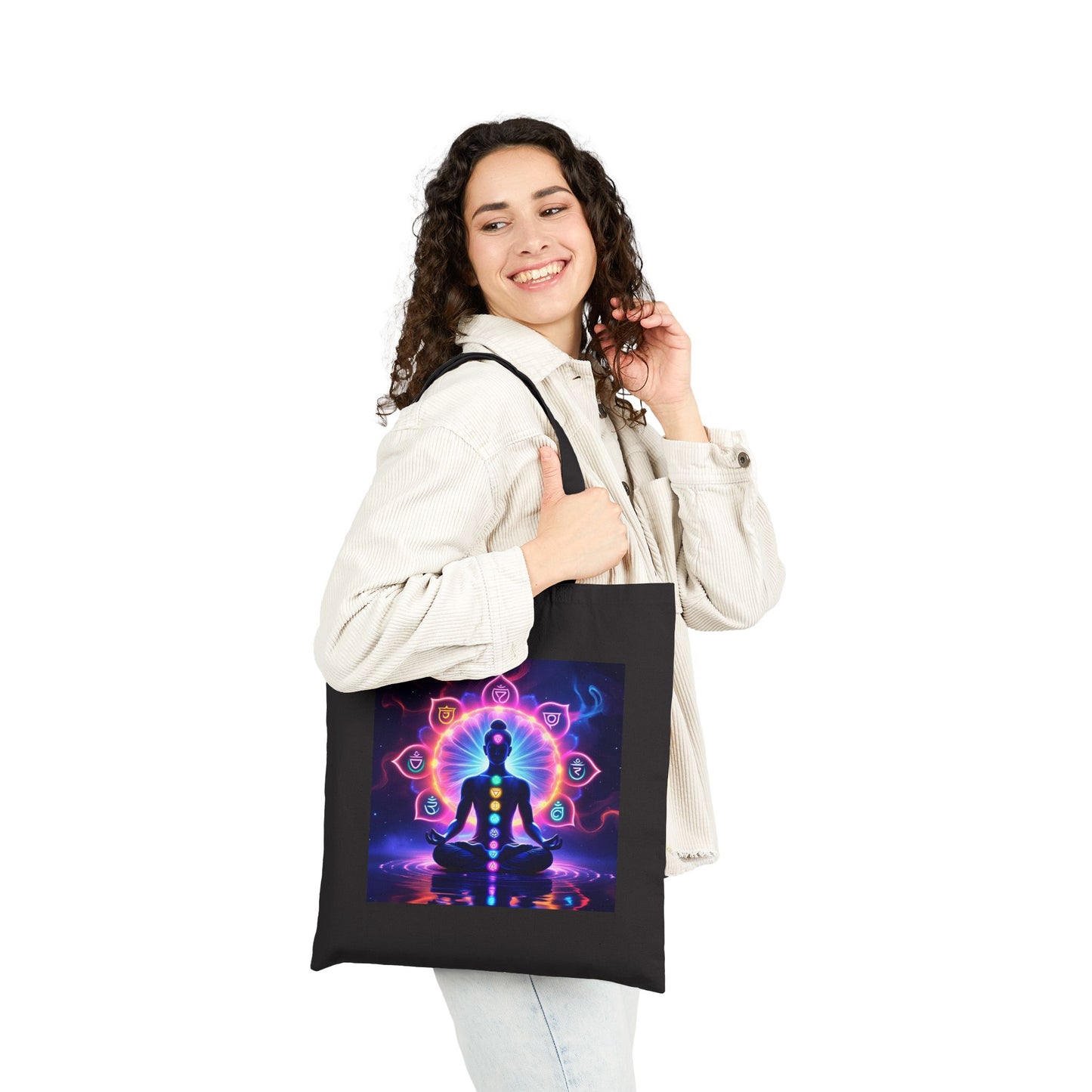 Spiritual Chakra Cotton Canvas Tote Bag in Black