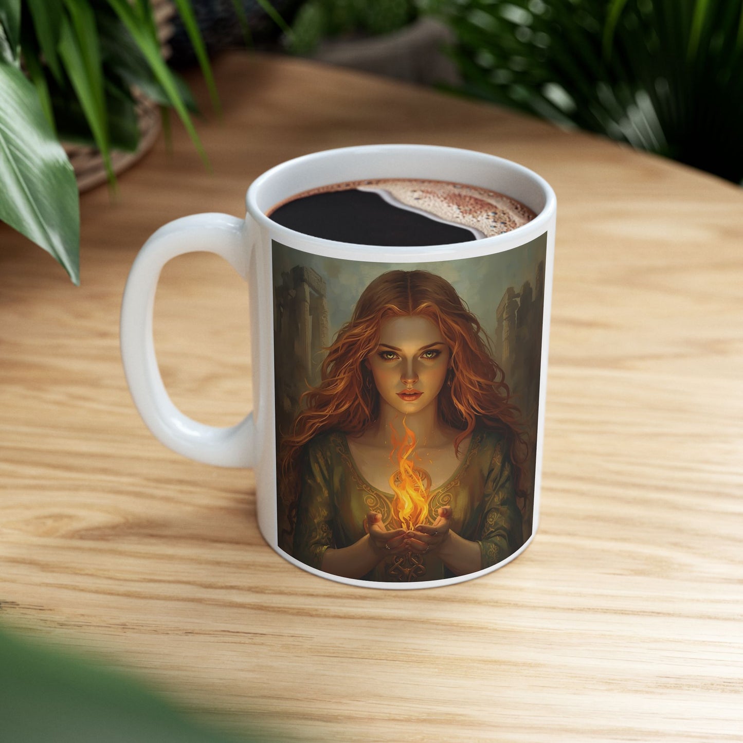 Brigid Flame – Celtic Goddess Mug - white mug with image of Brigid