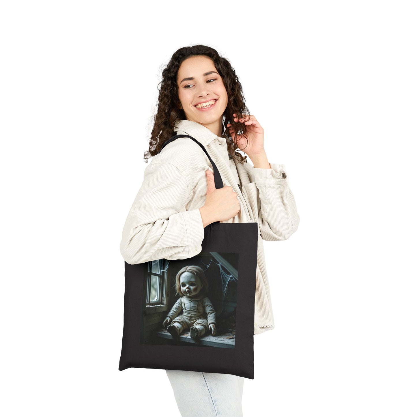 Isabella - Spooky Doll Art Tote Bag in Black