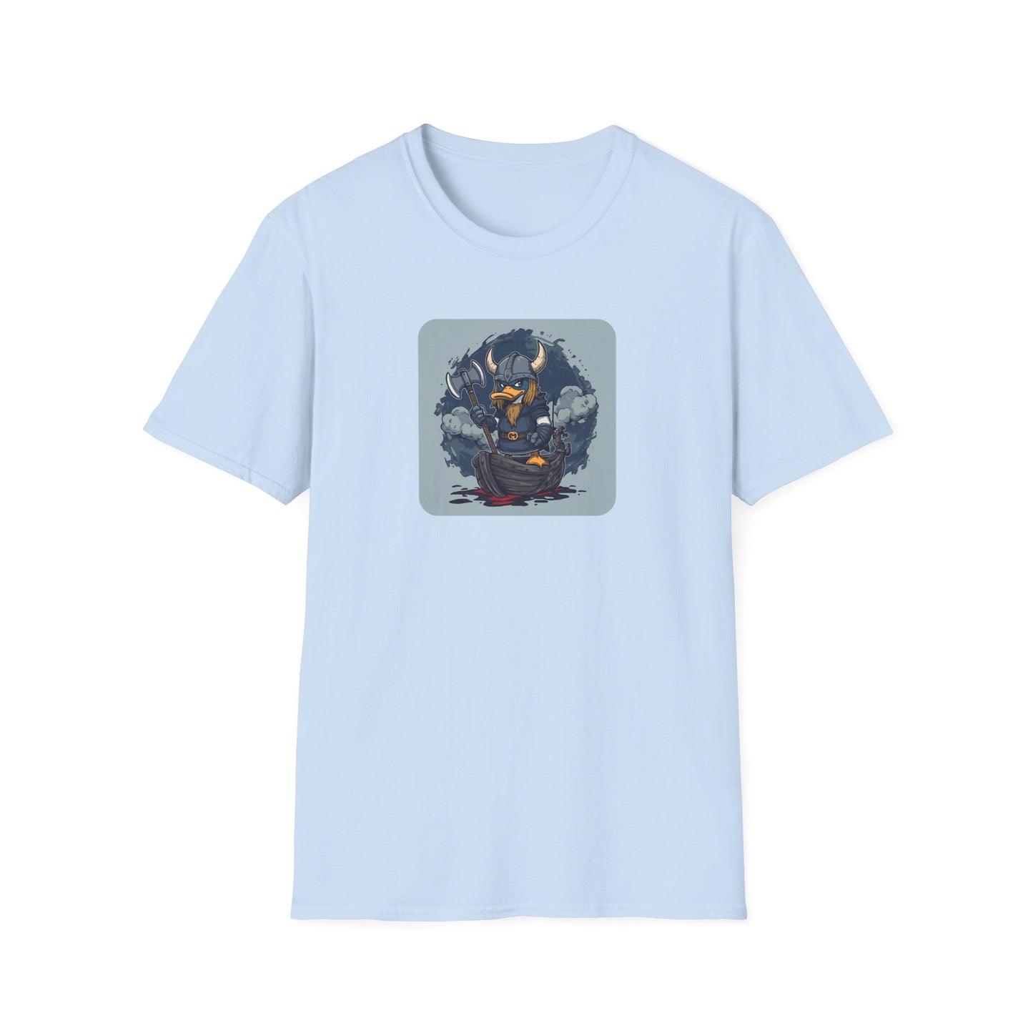 Goth Viking Duck – Dark Cartoon Chaos T-Shirt in Light Blue