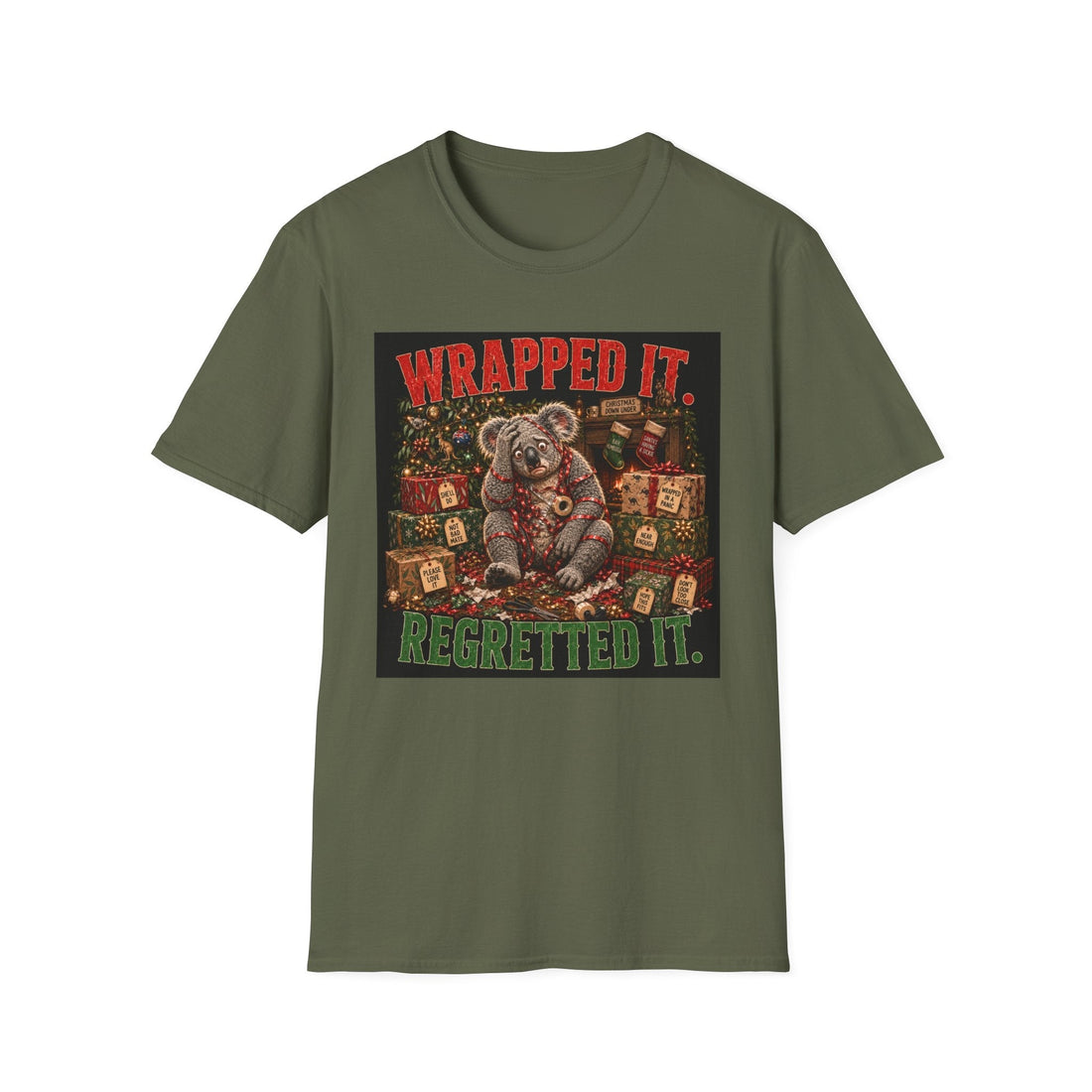 Funny Christmas T-shirt design featuring a stressed koala tangled in wrapping ribbon with the phrase Wrapped It. Regretted It. for chaotic festive outfit inspiration.