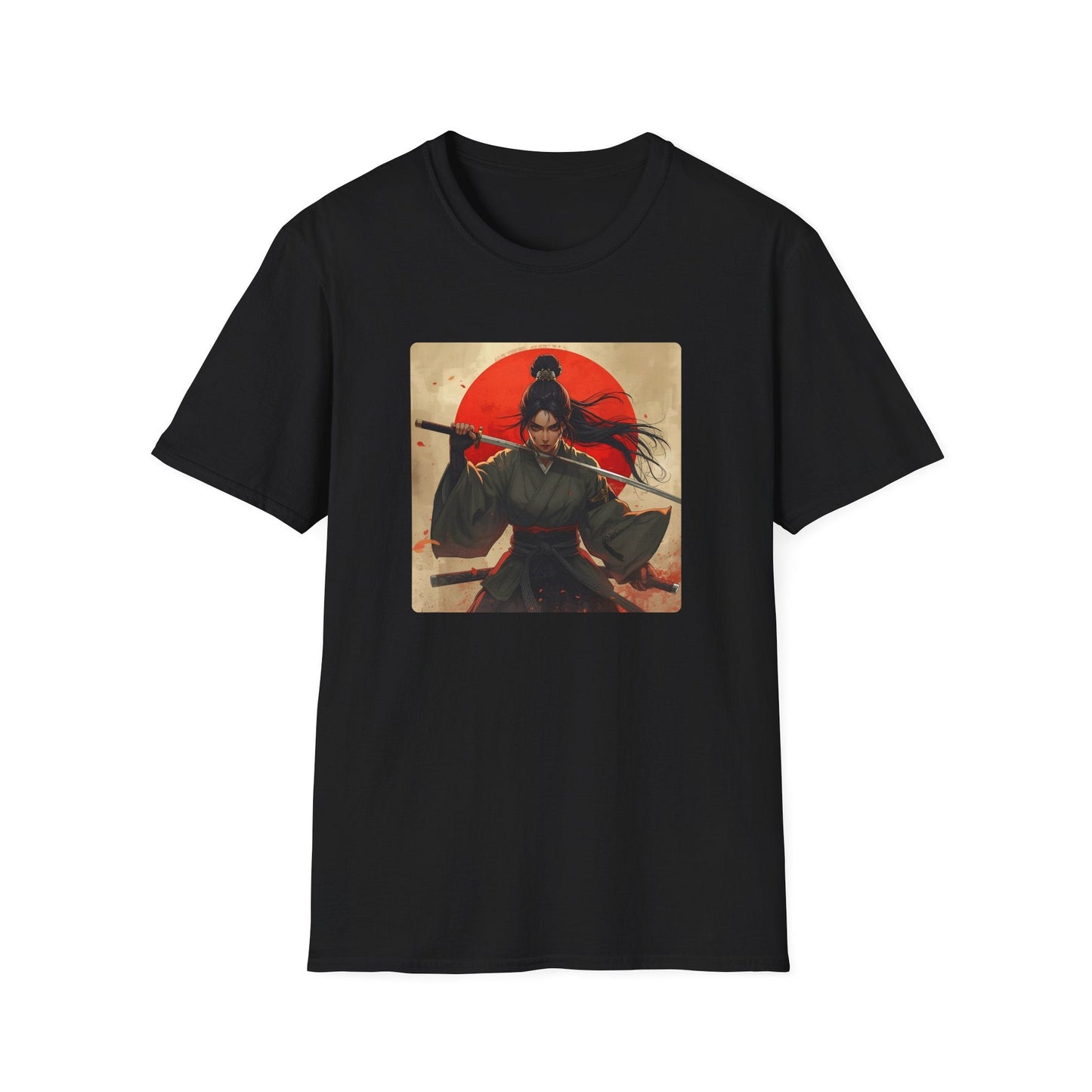 Red Sun Resolve Samurai Warrior T-Shirt in black artwork featuring a fierce Japanese-inspired warrior holding a katana in front of a dramatic red sun.