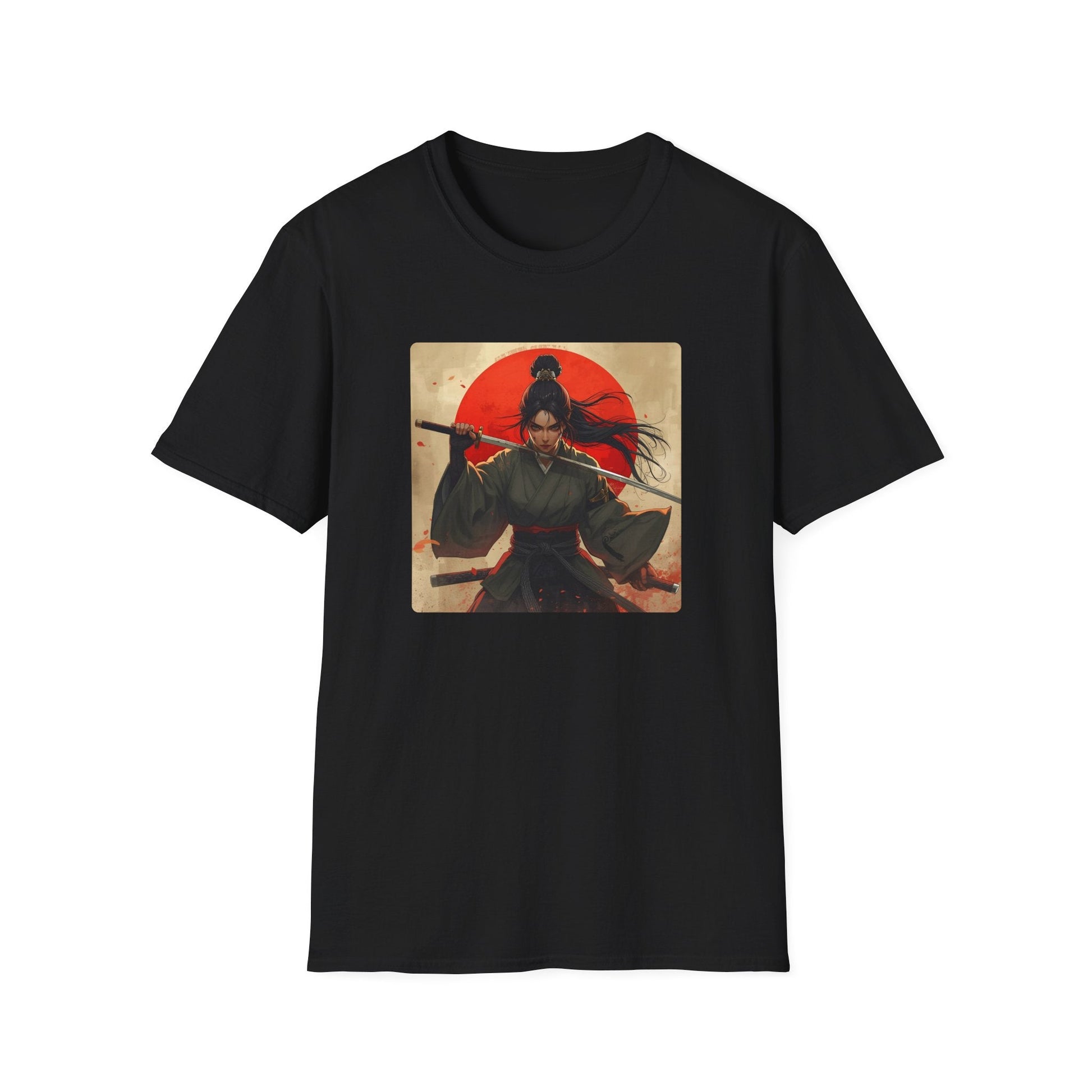 Red Sun Resolve Samurai Warrior T-Shirt in black artwork featuring a fierce Japanese-inspired warrior holding a katana in front of a dramatic red sun.
