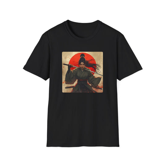 Red Sun Resolve Samurai Warrior T-Shirt in black artwork featuring a fierce Japanese-inspired warrior holding a katana in front of a dramatic red sun.