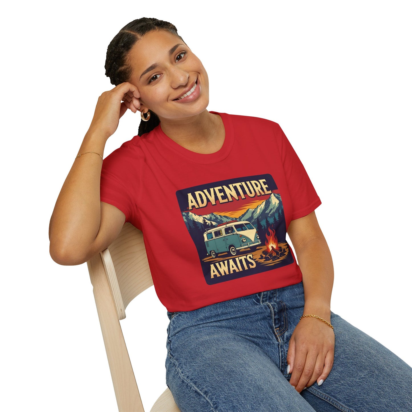 Adventure Awaits - Retro Camper Van Adventure T-Shirt in Red
