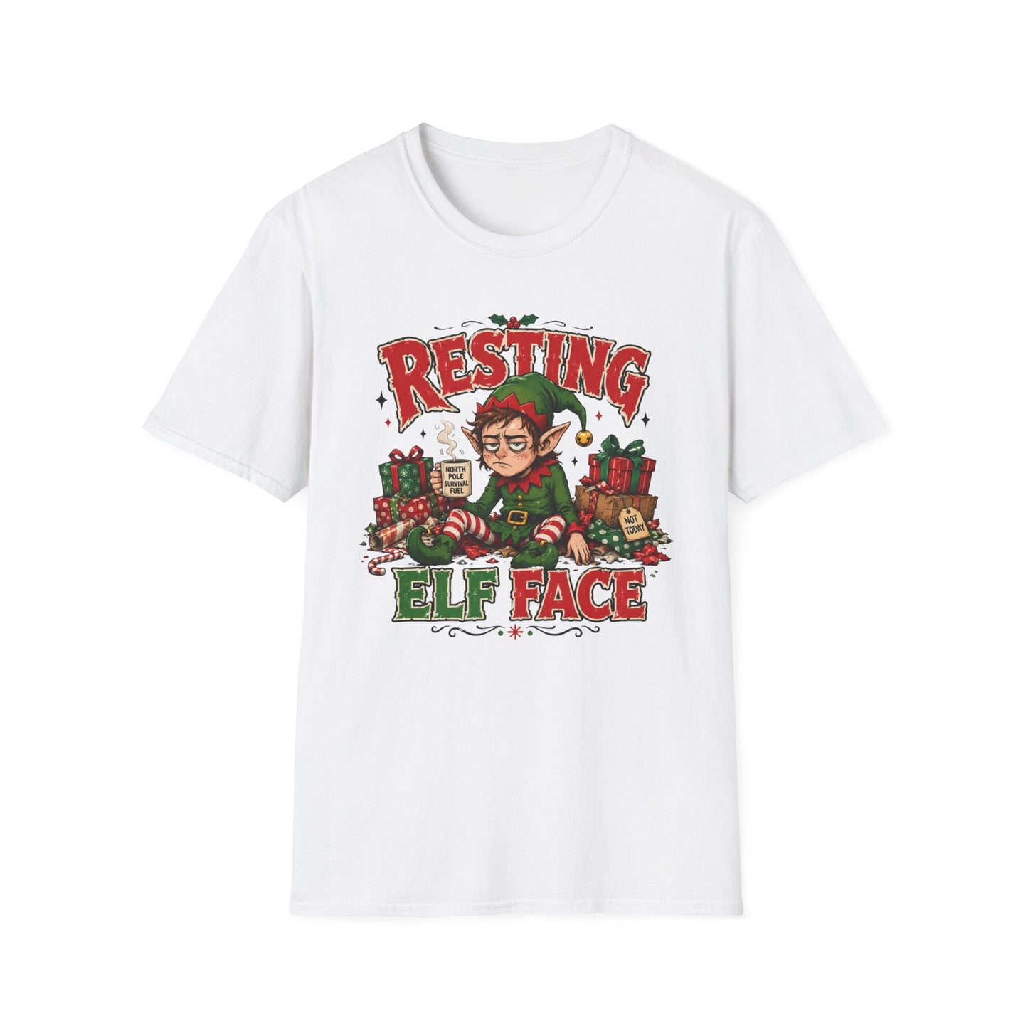 Resting Elf Face Christmas T-Shirt in white, design featuring a tired elf with coffee, presents and funny festive attitude.
