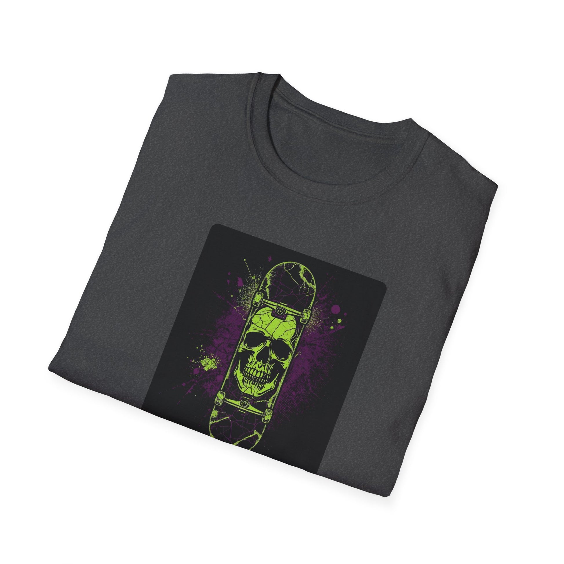 Neon Skull Skateboard – Electric Street Rebel T-Shirt in Dark Heather - Folded