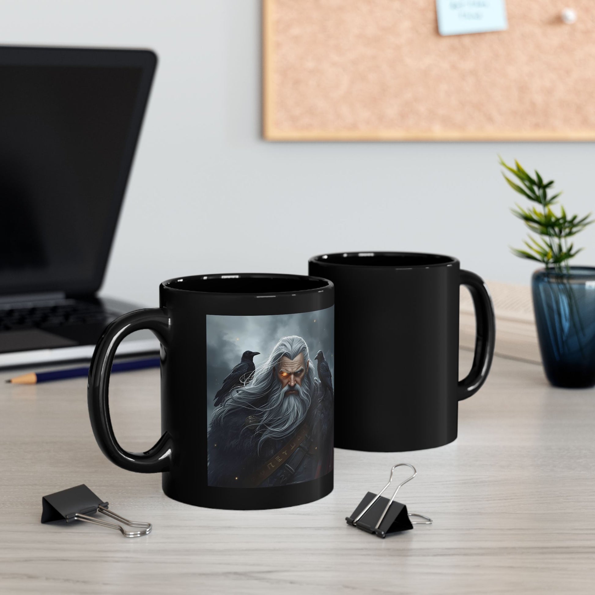 Odin - The Allfather Mug - two mugs with front and back view - black mug with Odin image and two crows