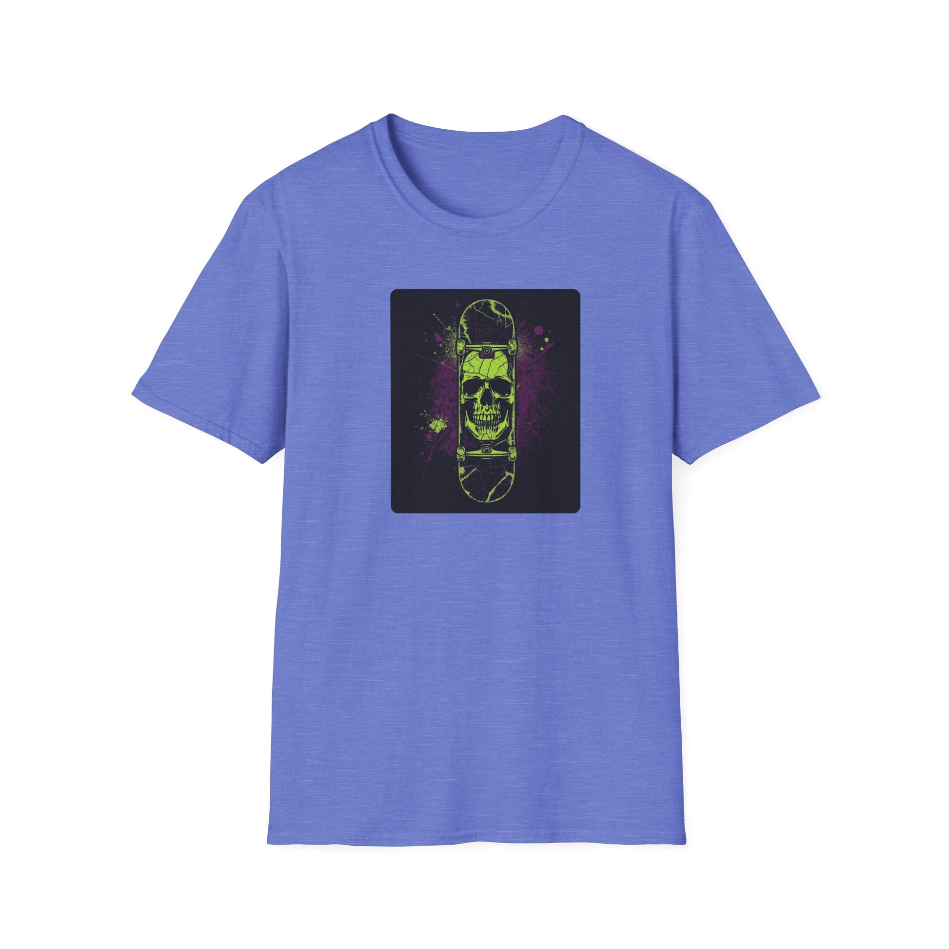 Neon Skull Skateboard – Electric Street Rebel T-Shirt in Heather Royal