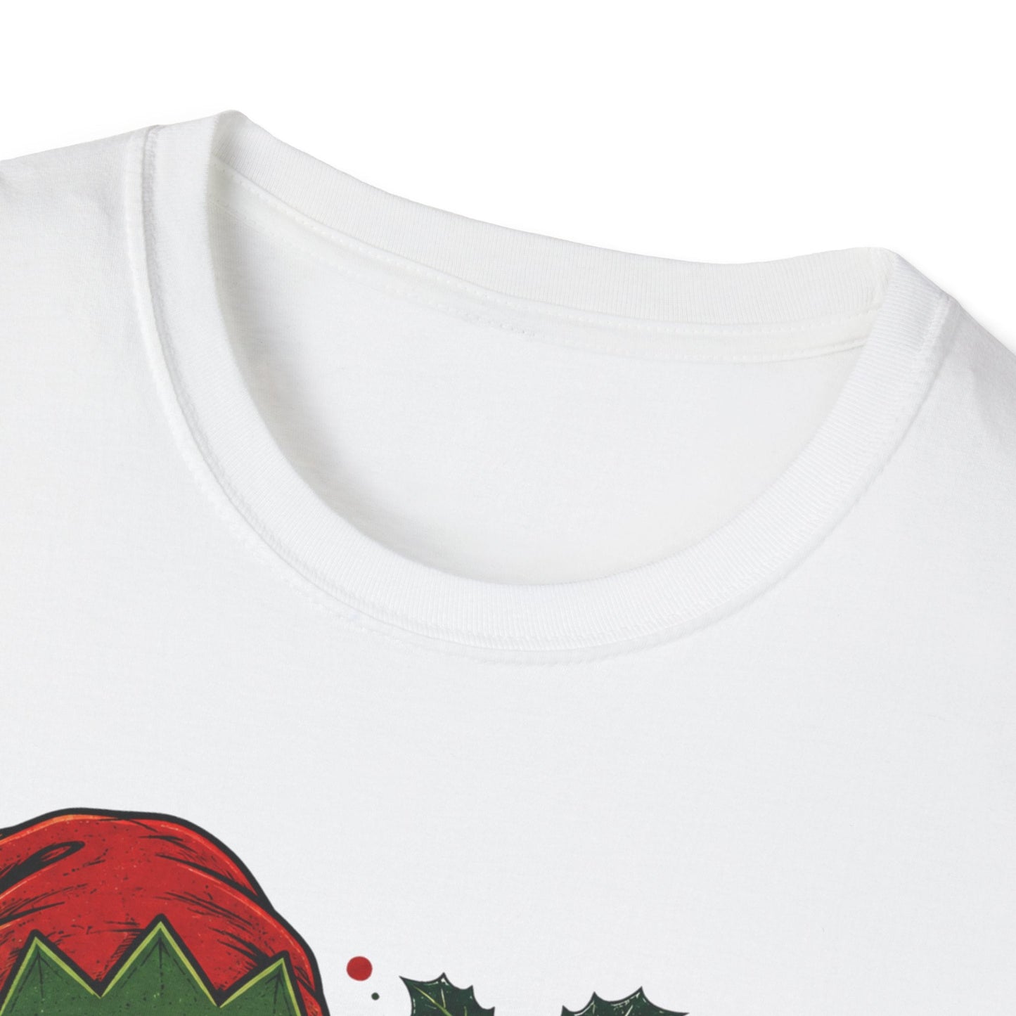 Close-up neckline image of the Resting Elf Face Sassy Elf Christmas T-Shirt in white