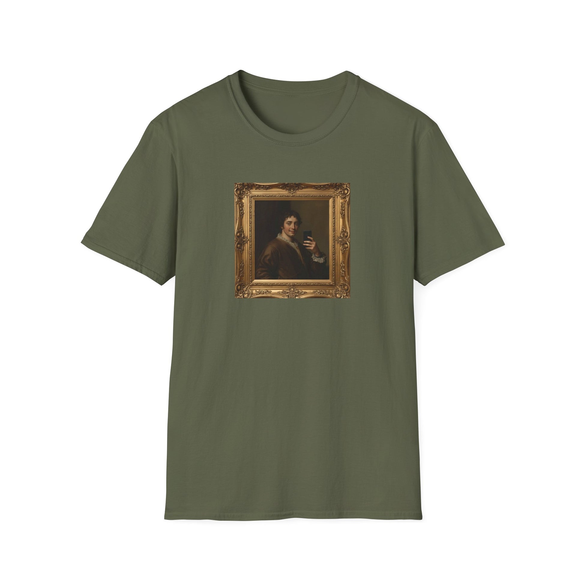 Renaissance Nobleman Selfie T-Shirt with classical art parody artwork in Military Green