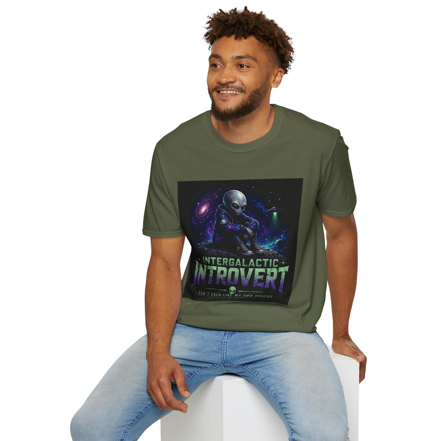 Intergalactic Introvert T-Shirt in military green shown on model with funny alien graphic design