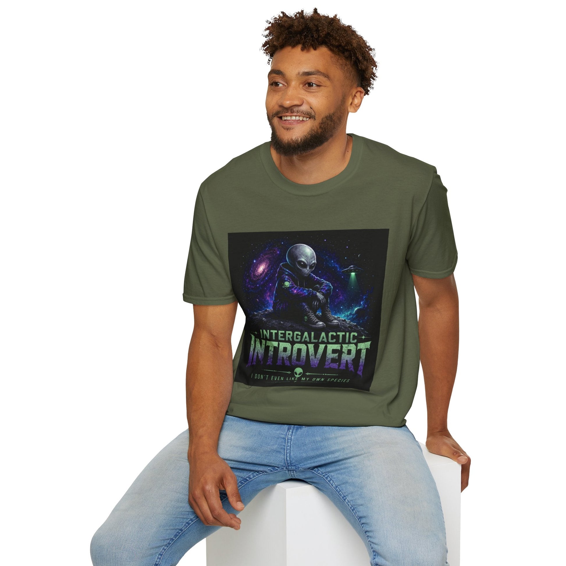 Intergalactic Introvert T-Shirt in military green shown on model with funny alien graphic design