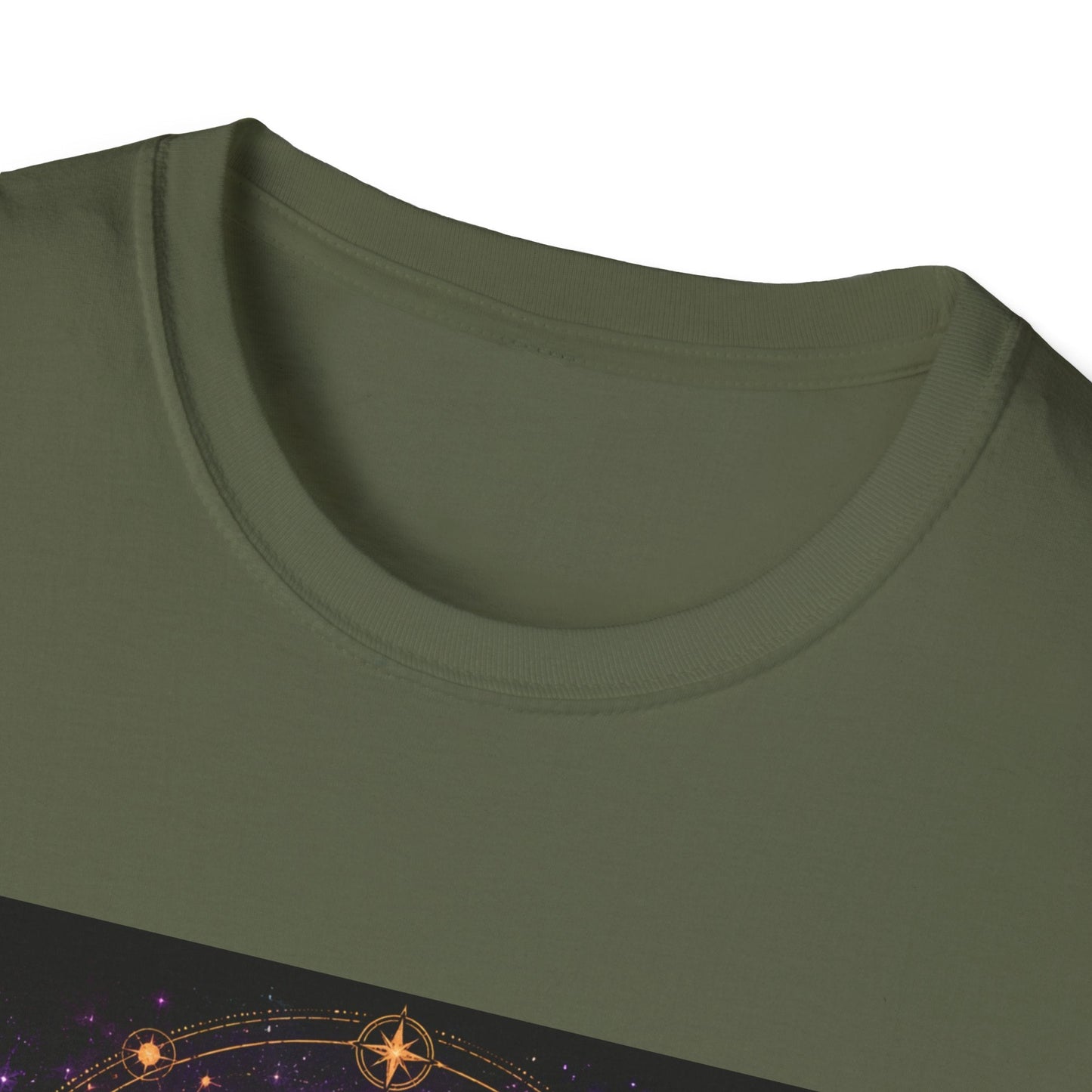 Neckline of Starseed Outlaw T-shirt in military green artwork featuring cosmic rebel and alien-inspired graphic style.