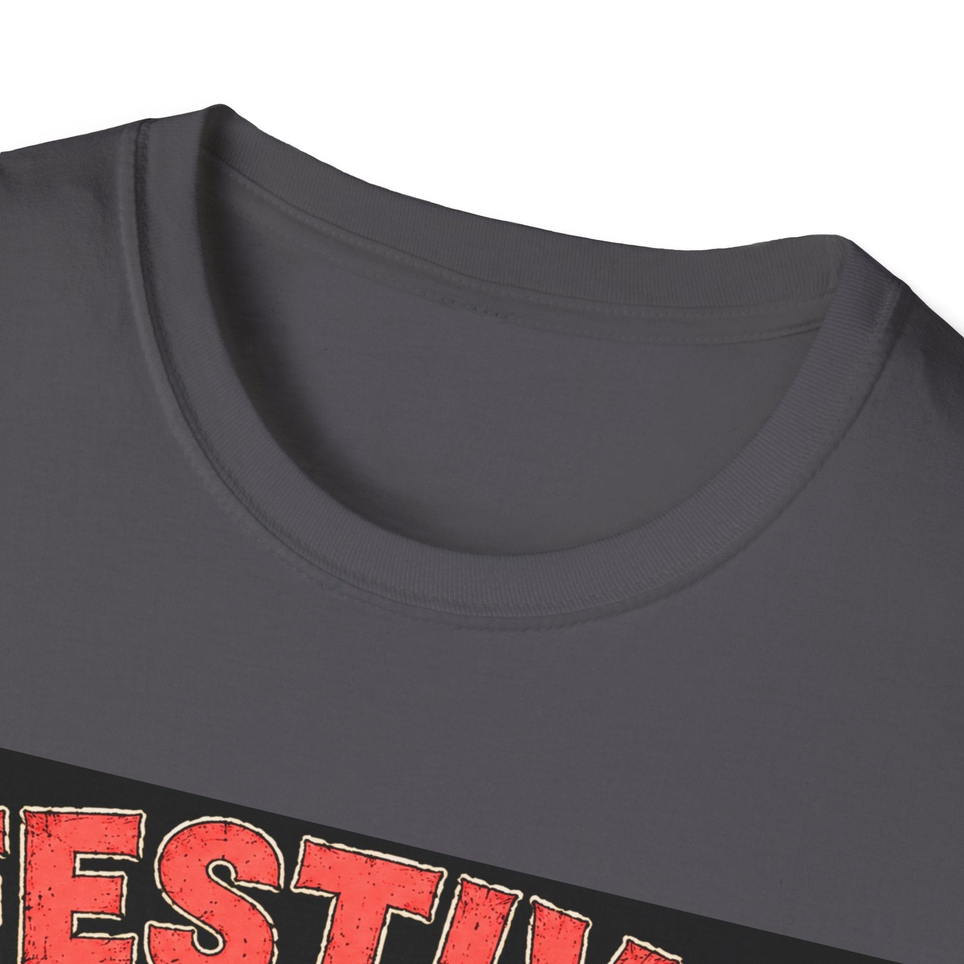 Close-up neckline image of the Festive But Tired Reindeer Christmas T-Shirt in charcoal 
