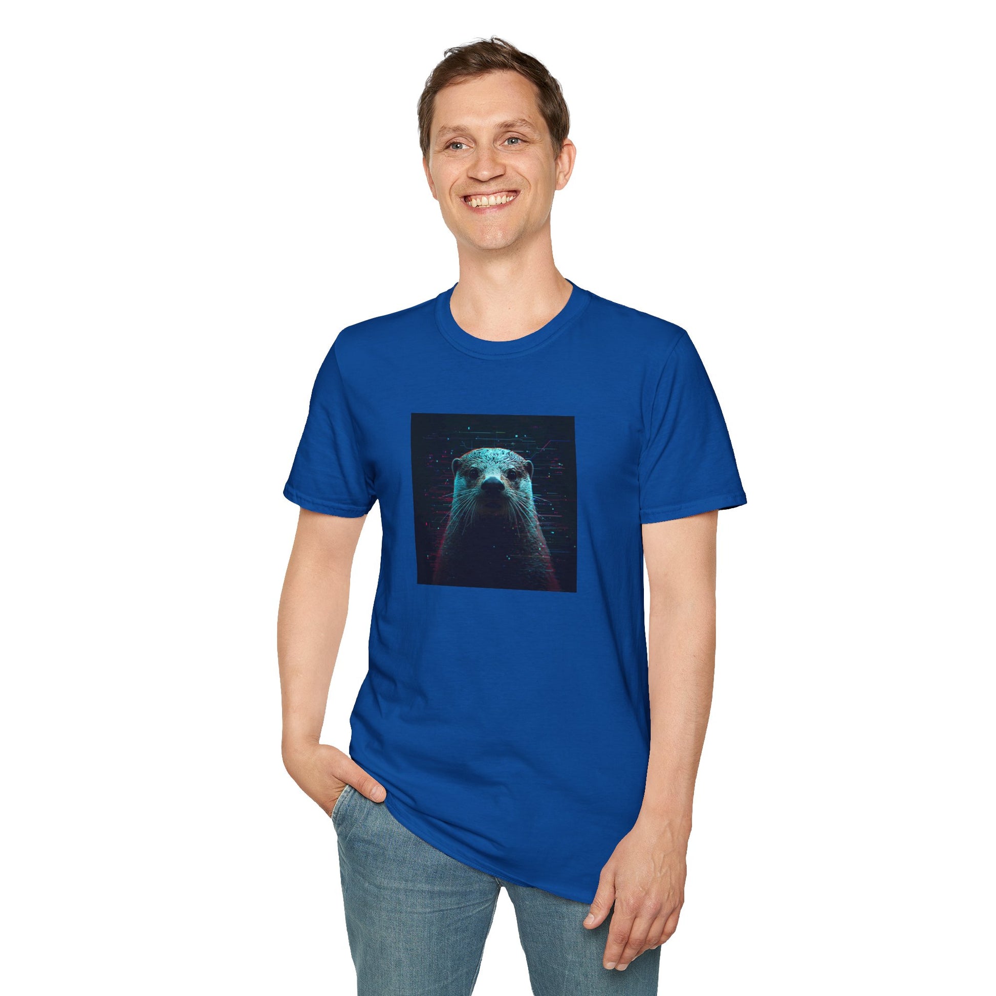 Pixellated Otter T-Shirt with retro gamer otter artwork in Royal
