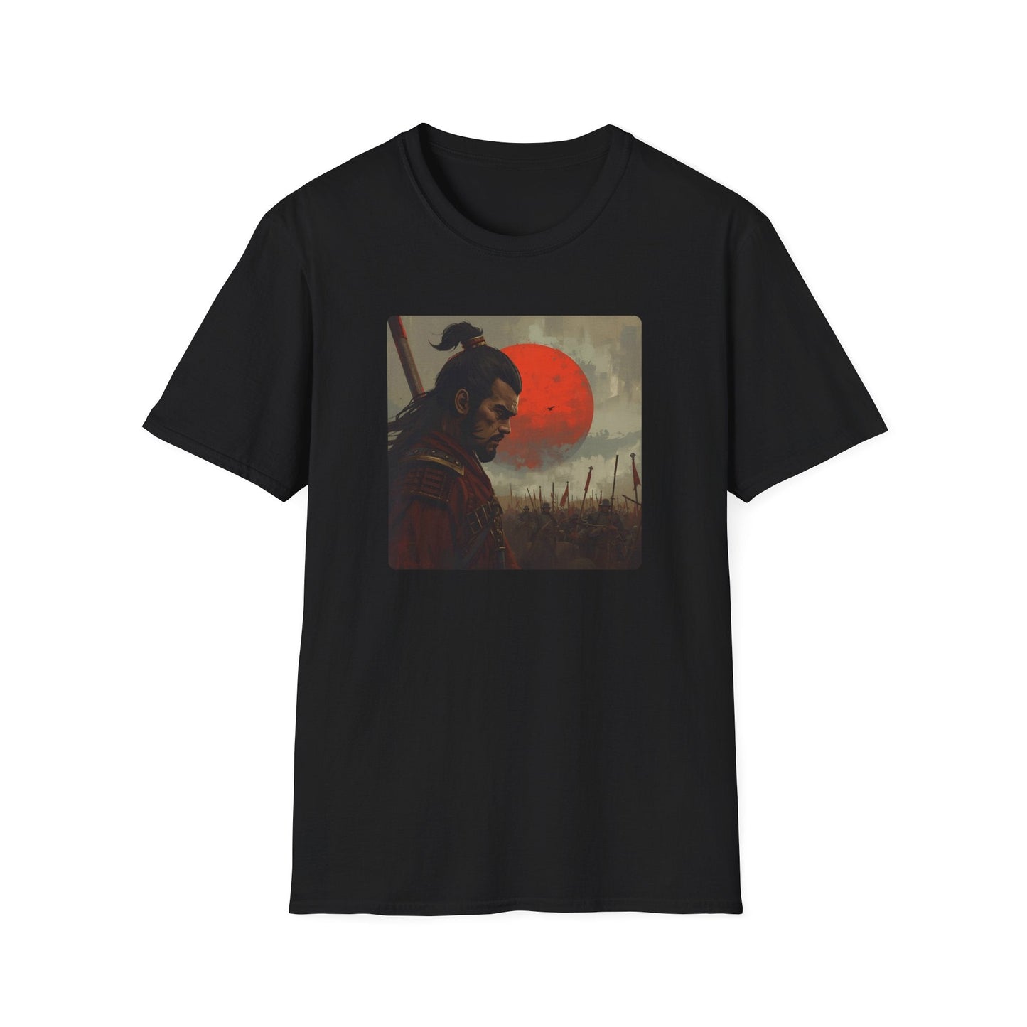 After the Silence Samurai Beneath the Blood Moon T-Shirt in black artwork featuring a lone samurai warrior, red moon, misty battlefield and dark cinematic atmosphere.