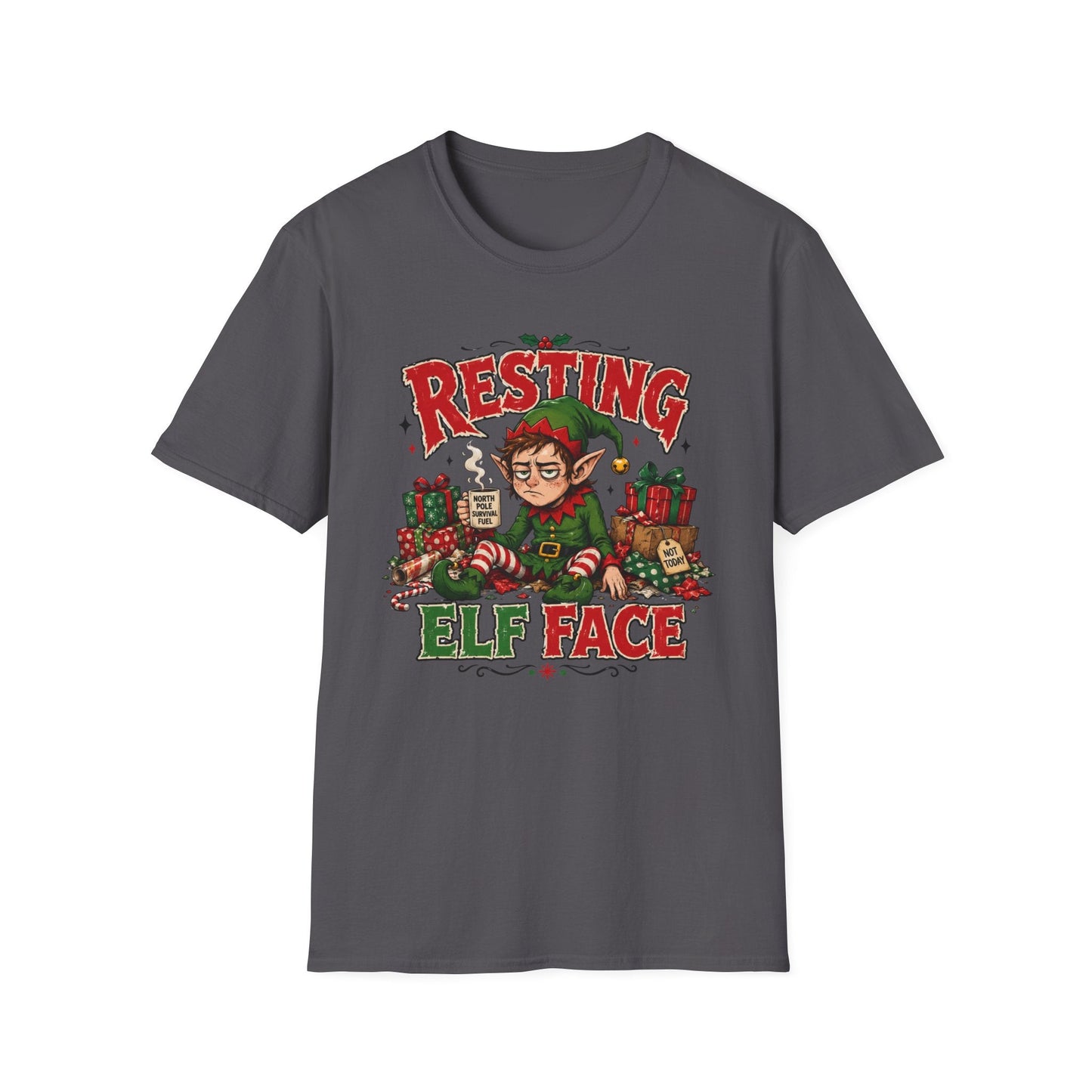 Resting Elf Face Christmas T-Shirt in charcoal design featuring a tired elf with coffee, presents and funny festive attitude.