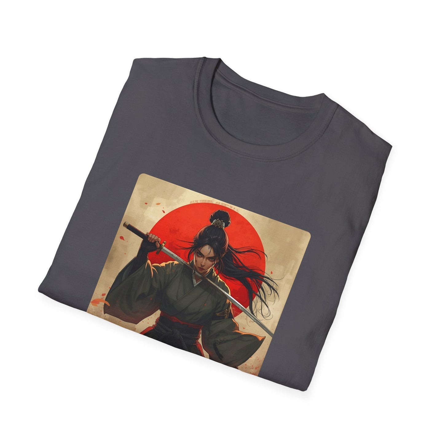 Folded Red Sun Resolve Samurai Warrior T-Shirt in charcoal showing Japanese-inspired warrior artwork with a katana, red sun and dramatic battle-ready pose.