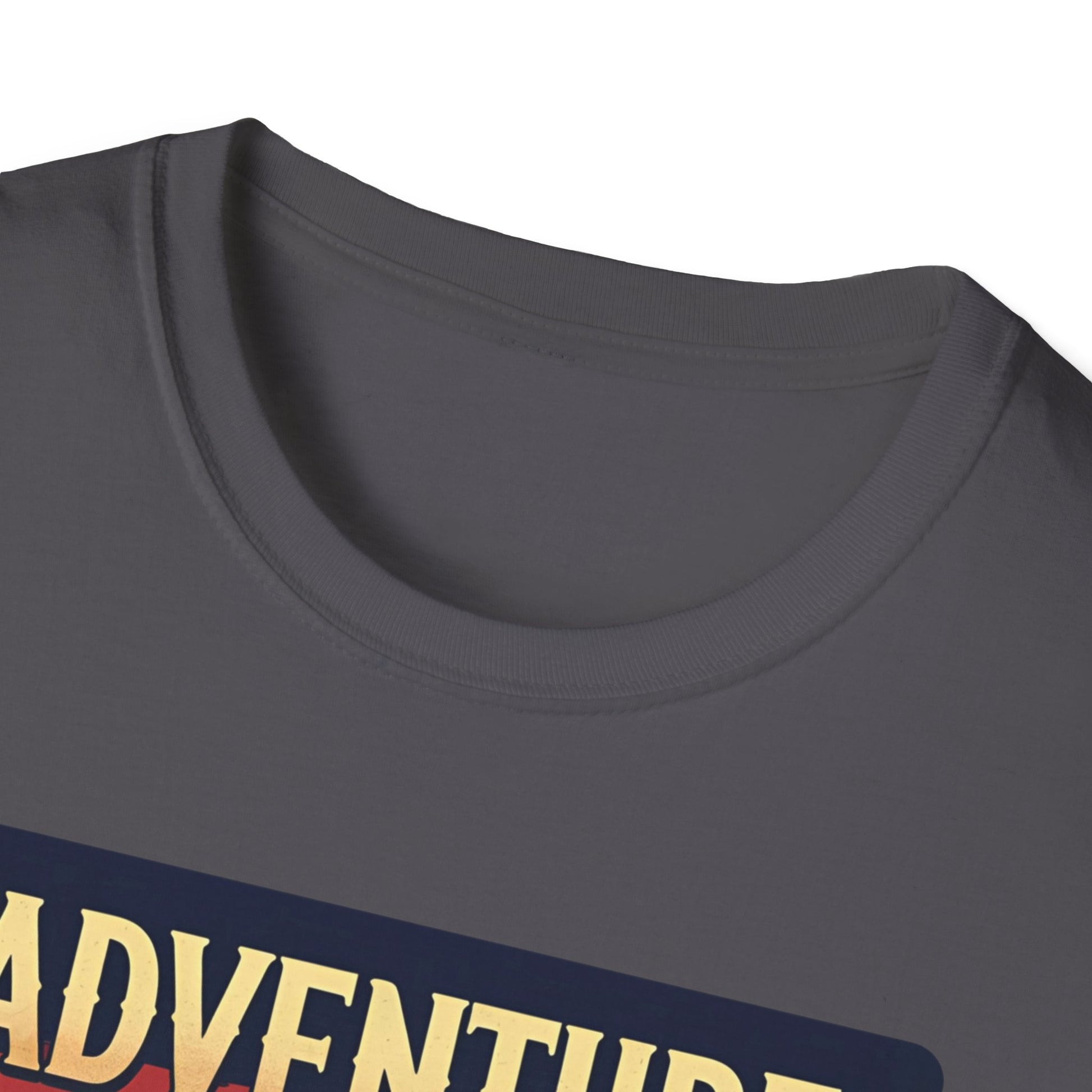 Adventure Awaits - Retro Camper Van Adventure T-Shirt in Charcoal - Neckline