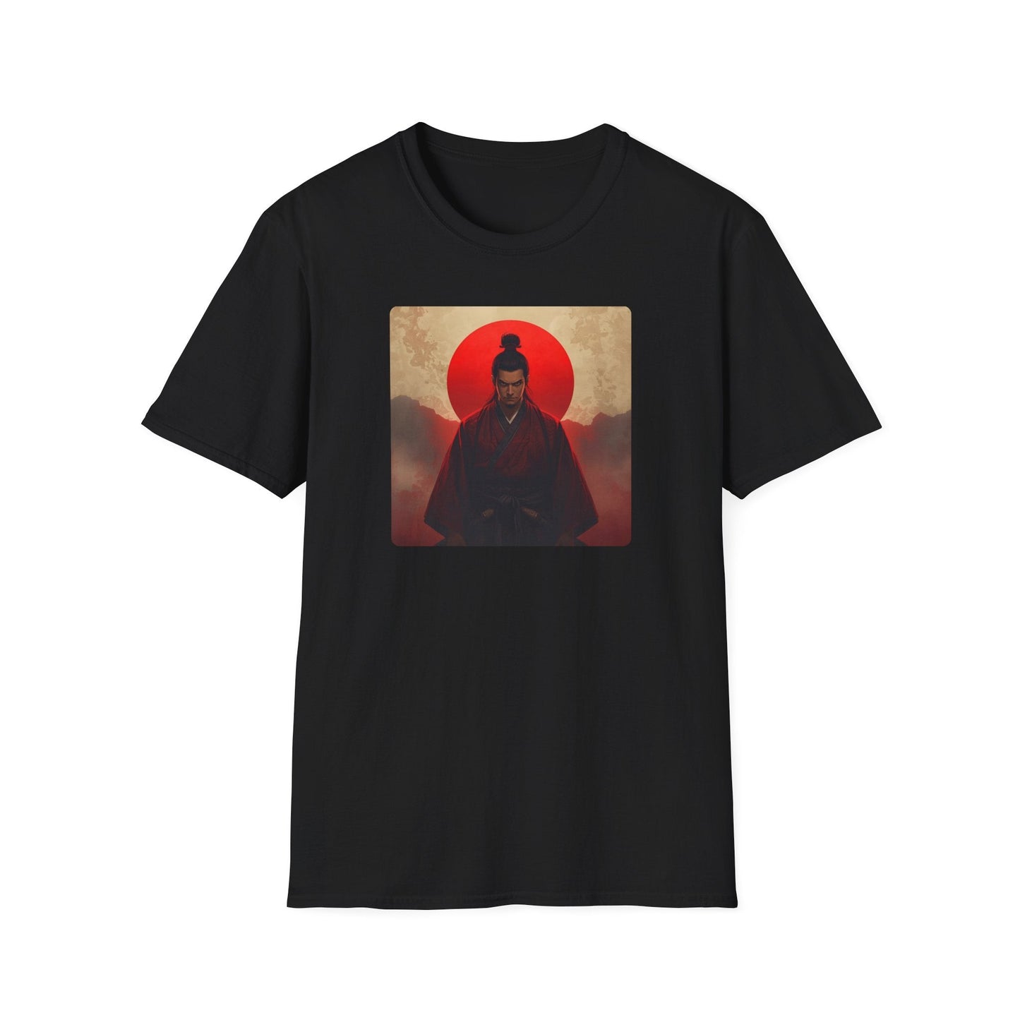 Samurai Sunset Warrior at the Edge of Day T-Shirt in black artwork featuring a stern samurai warrior in dark red robes beneath a dramatic red sun.