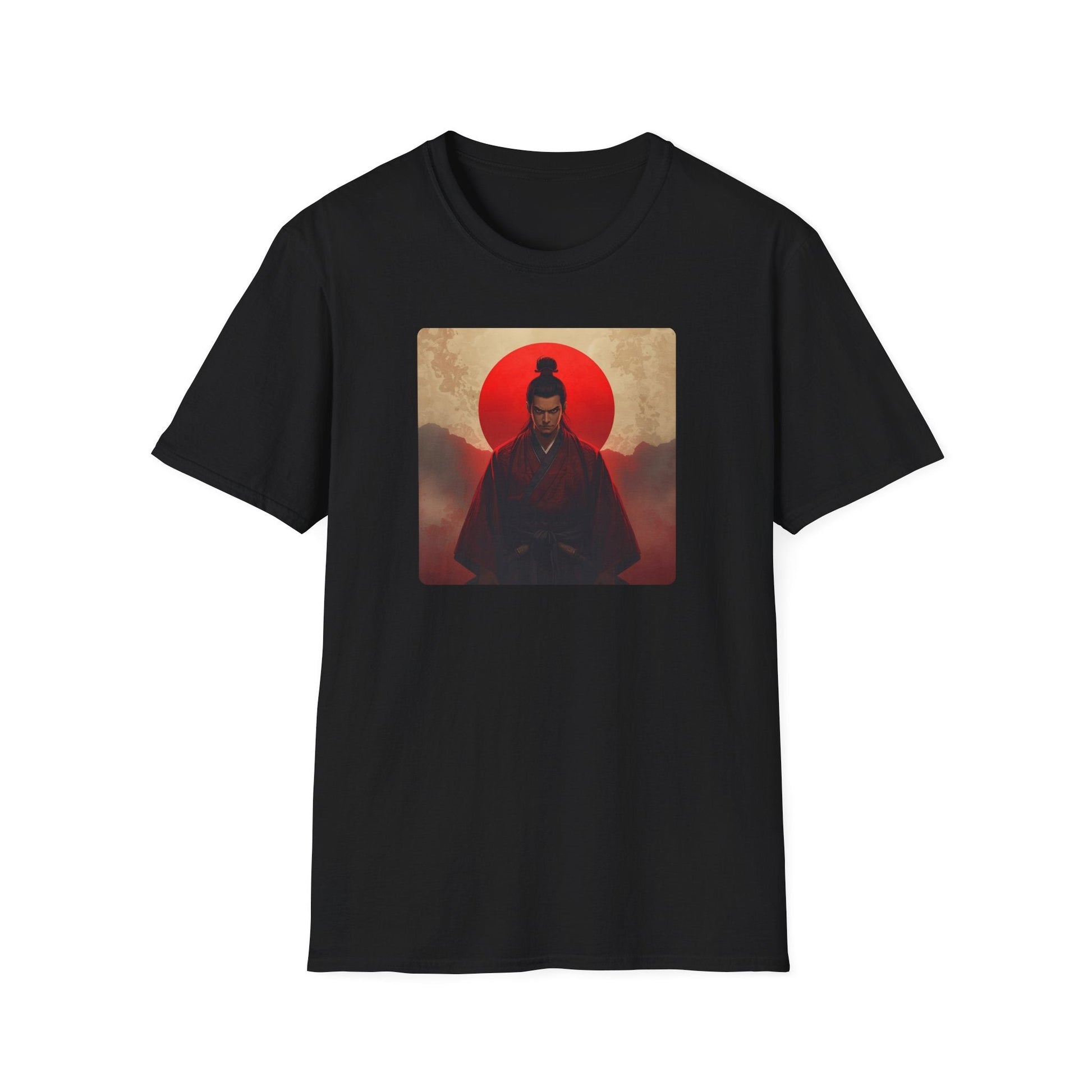 Samurai Sunset Warrior at the Edge of Day T-Shirt in black artwork featuring a stern samurai warrior in dark red robes beneath a dramatic red sun.