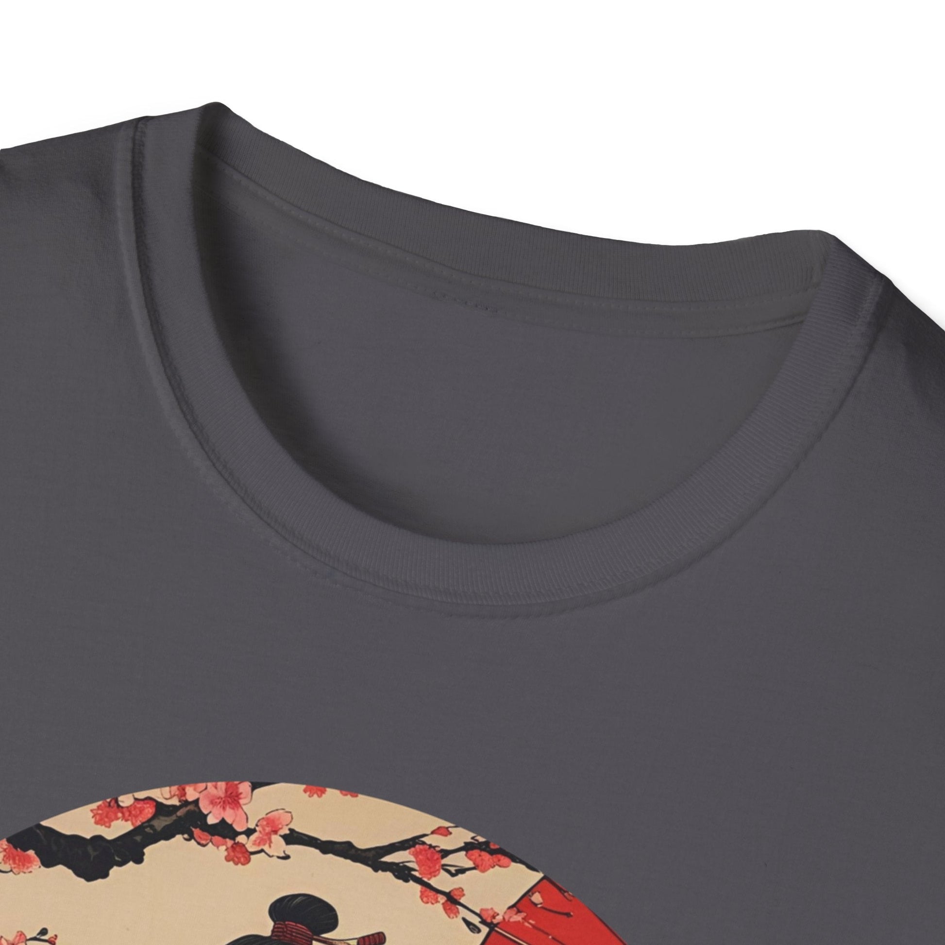 Close-up neckline view of the Crimson Bloom Ronin Samurai Warrior T-Shirt in charcoal with Japanese-inspired warrior artwork visible on the front.