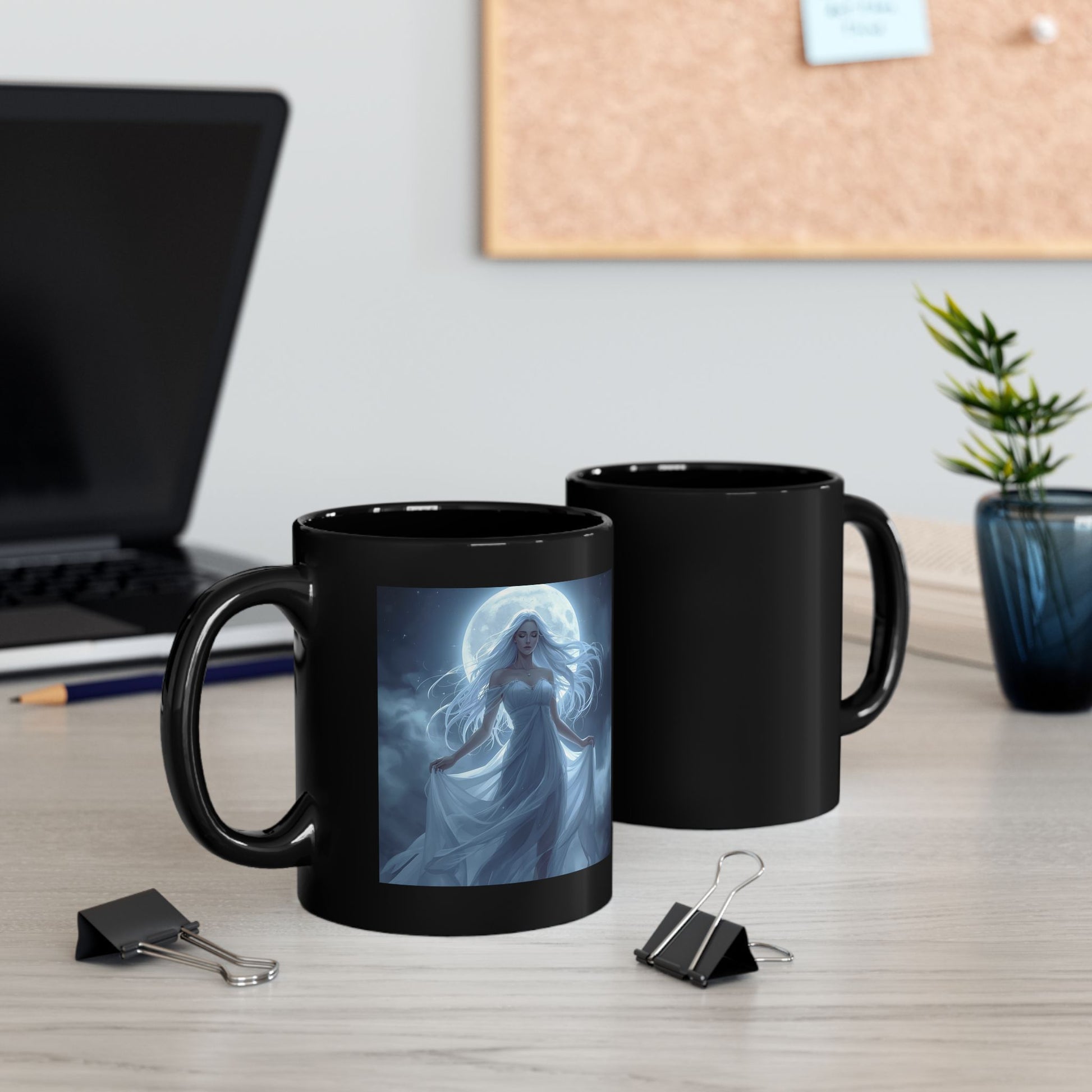 Selene - Lunar Empress Mug - two mugs with front and back view - black mug with image of Selene