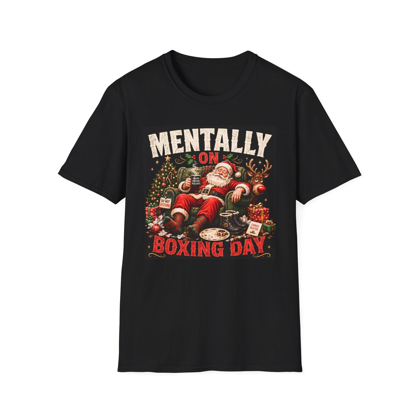 Mentally on Boxing Day Santa Christmas T-Shirt in black, design featuring exhausted Santa, tired reindeer and festive Christmas chaos.