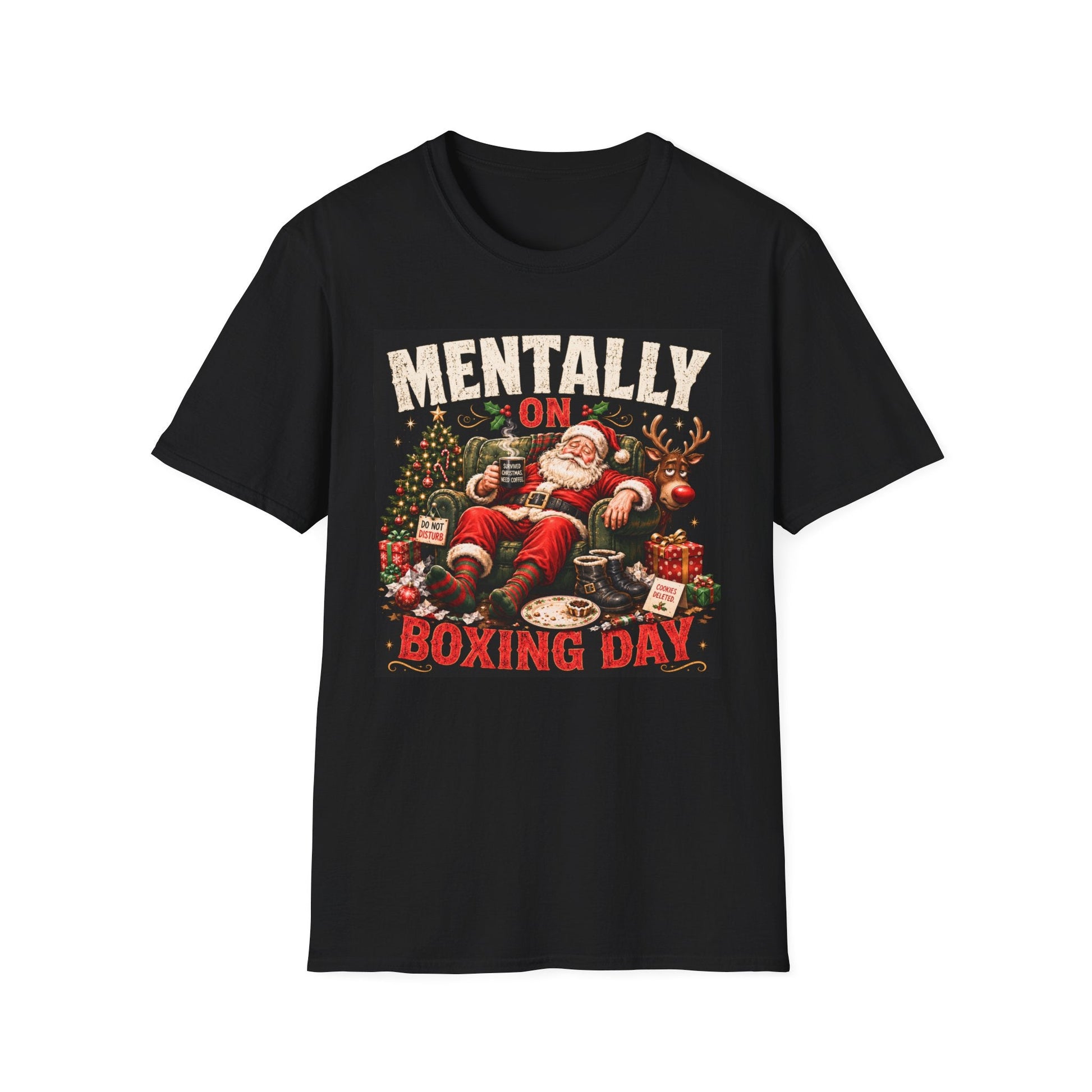 Mentally on Boxing Day Santa Christmas T-Shirt in black, design featuring exhausted Santa, tired reindeer and festive Christmas chaos.