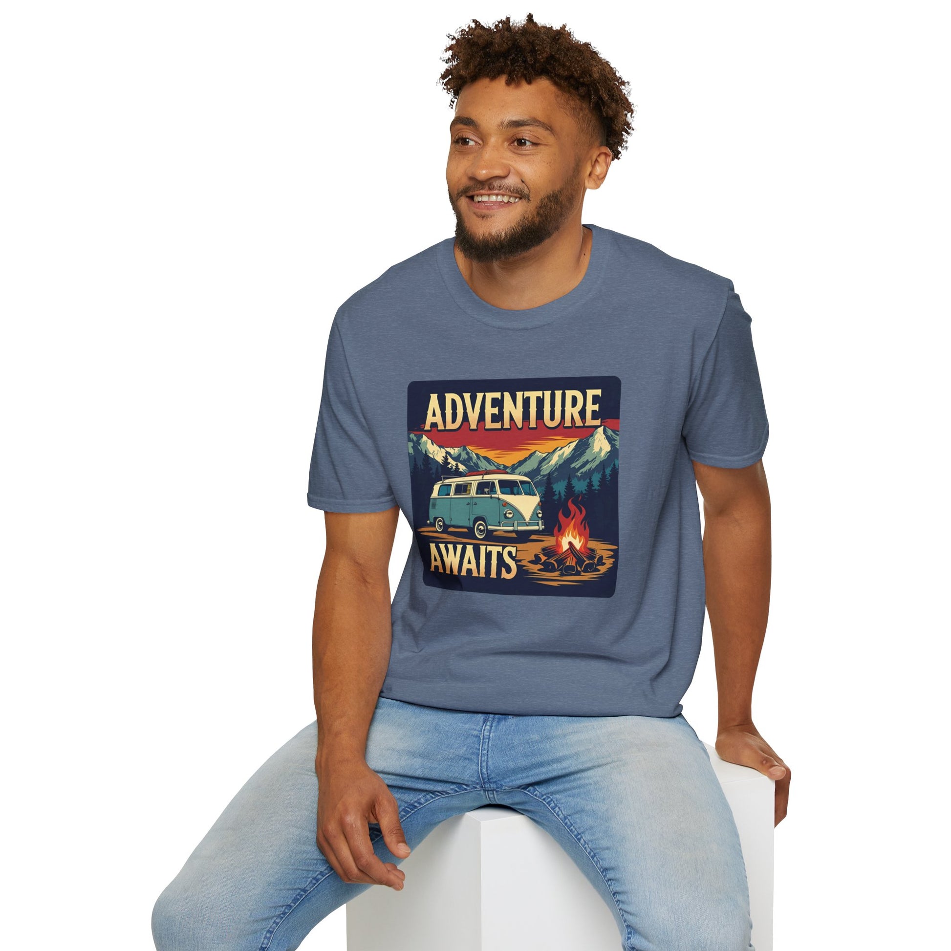 Adventure Awaits - Retro Camper Van Adventure T-Shirt in Heather Indigo