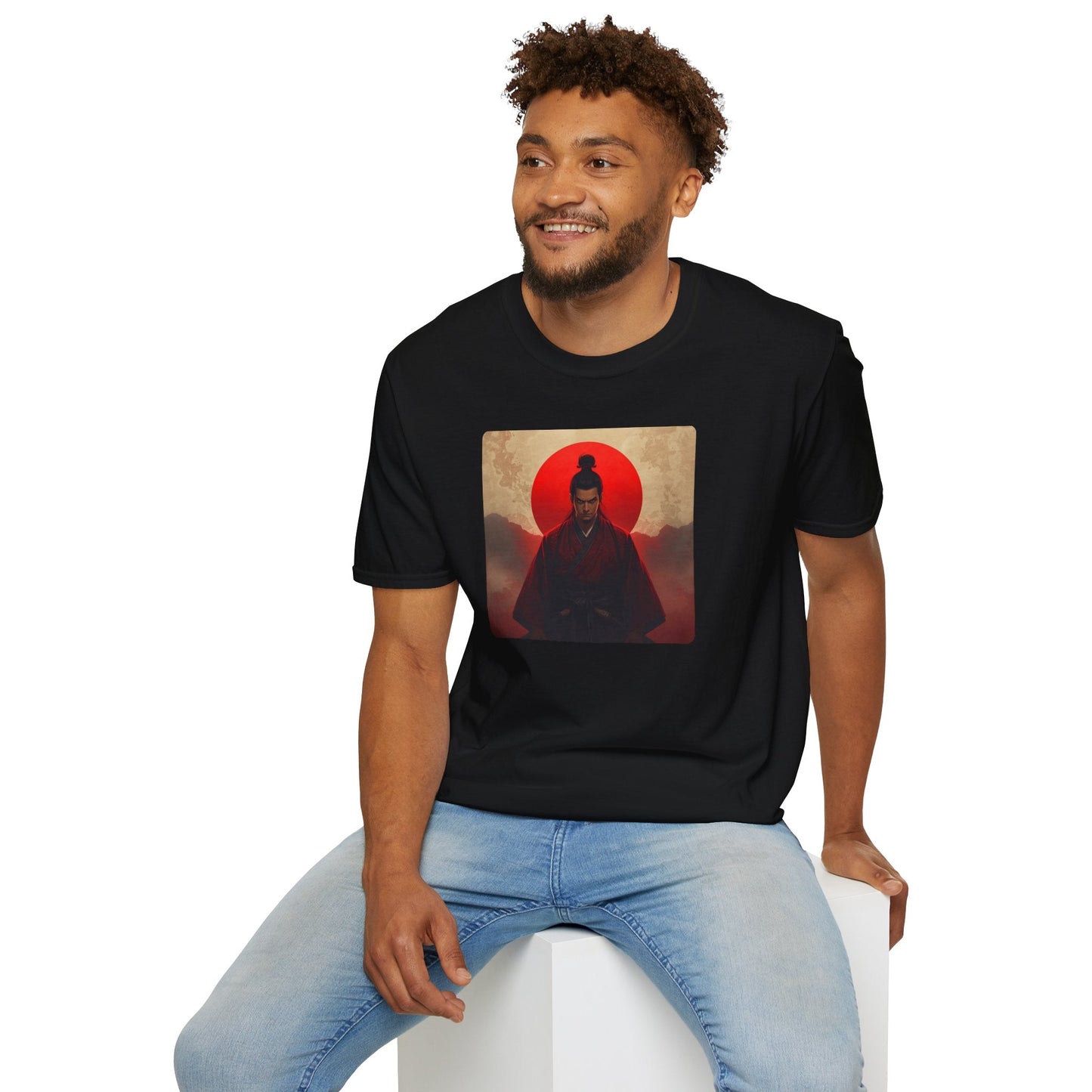 Model wearing the Samurai Sunset Warrior at the Edge of Day T-Shirt in black featuring a Japanese-inspired warrior beneath a red sunset.