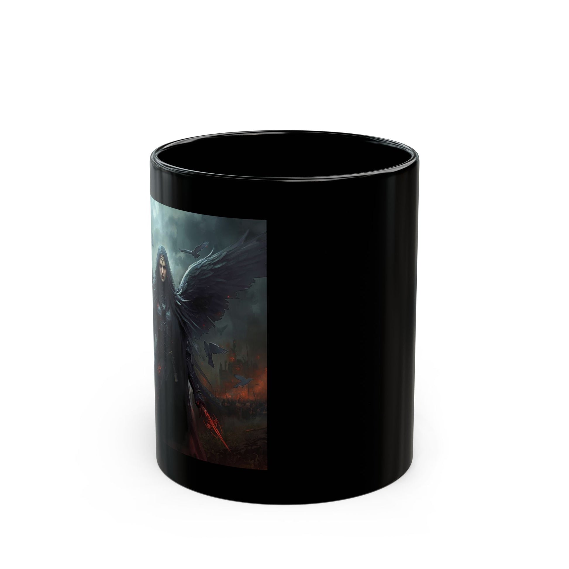 Morrigan Mug with Celtic war goddess artwork - side view
