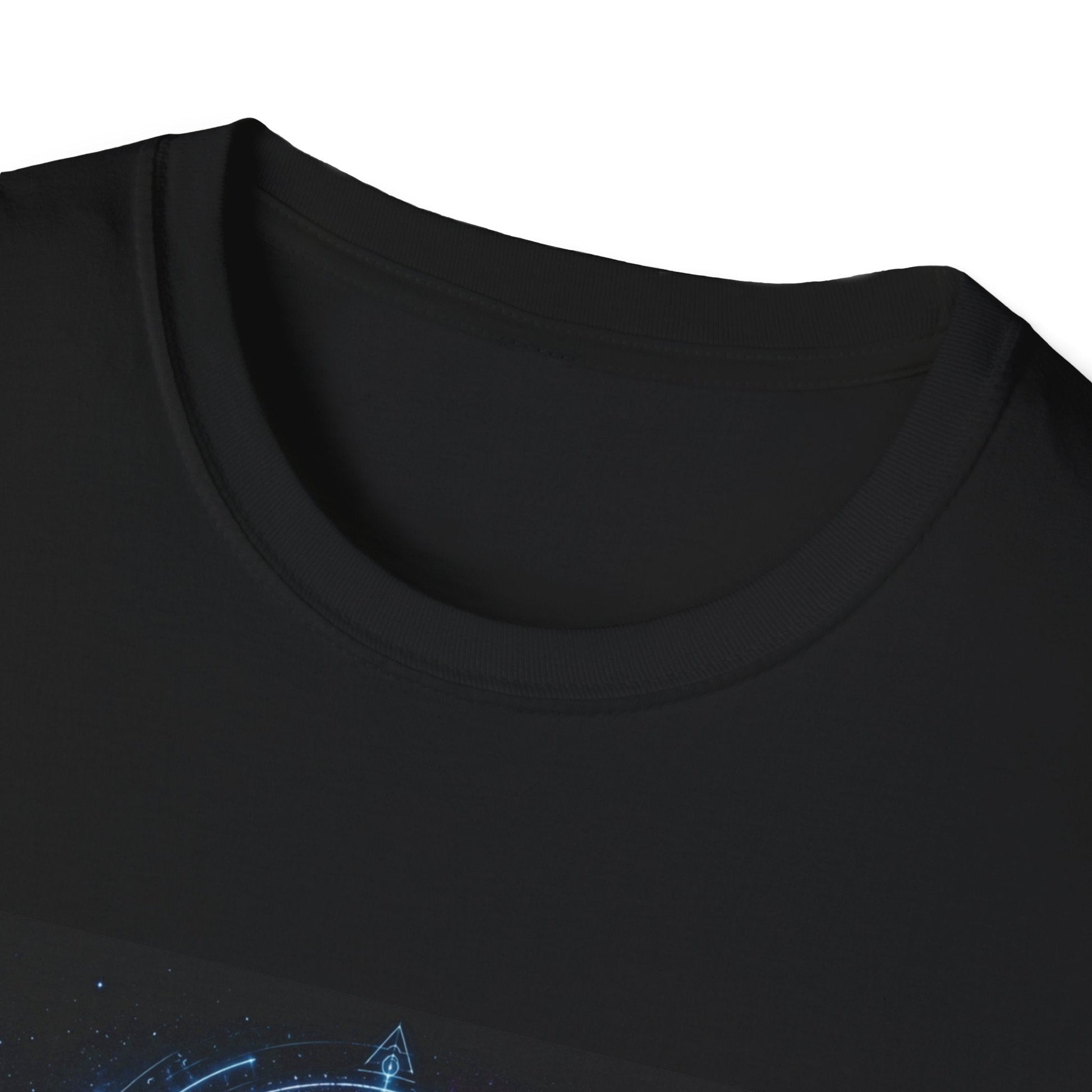 Neckline of Signal from the Void alien T-Shirt in black with cosmic sci-fi artwork