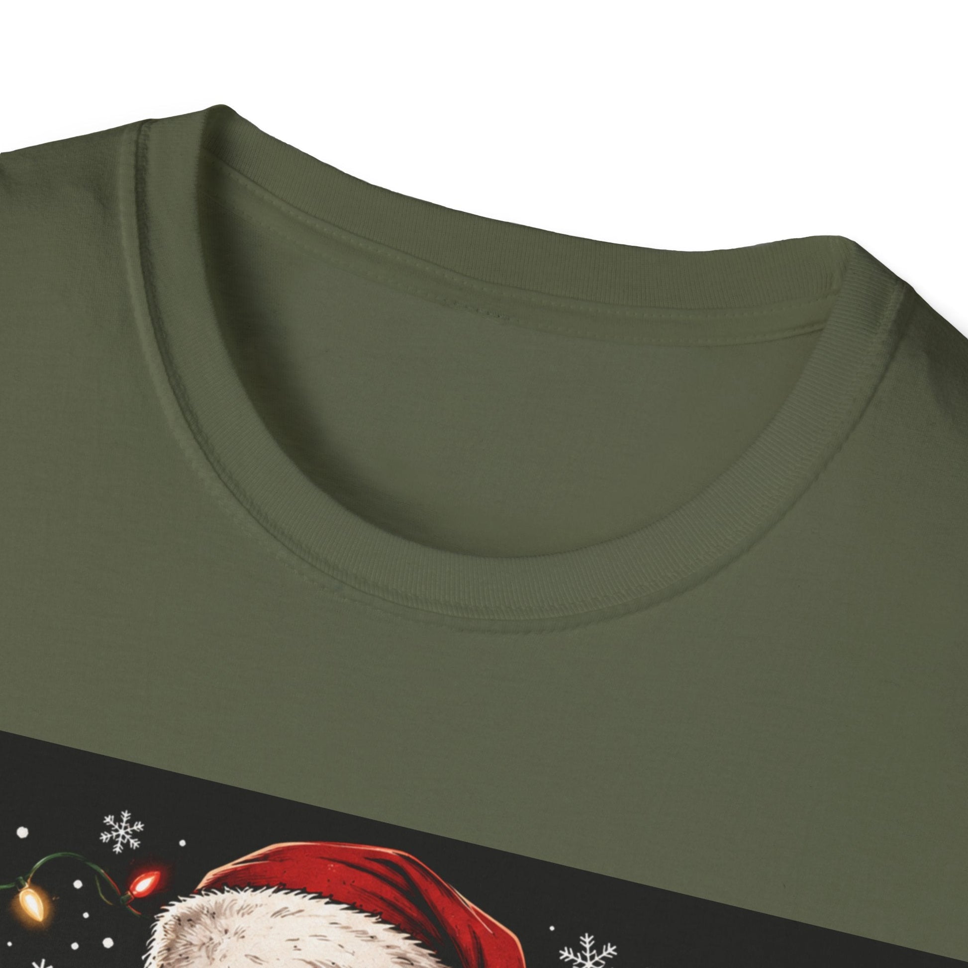 Close-up neckline image of the Santa Saw That Christmas T-Shirt in military green