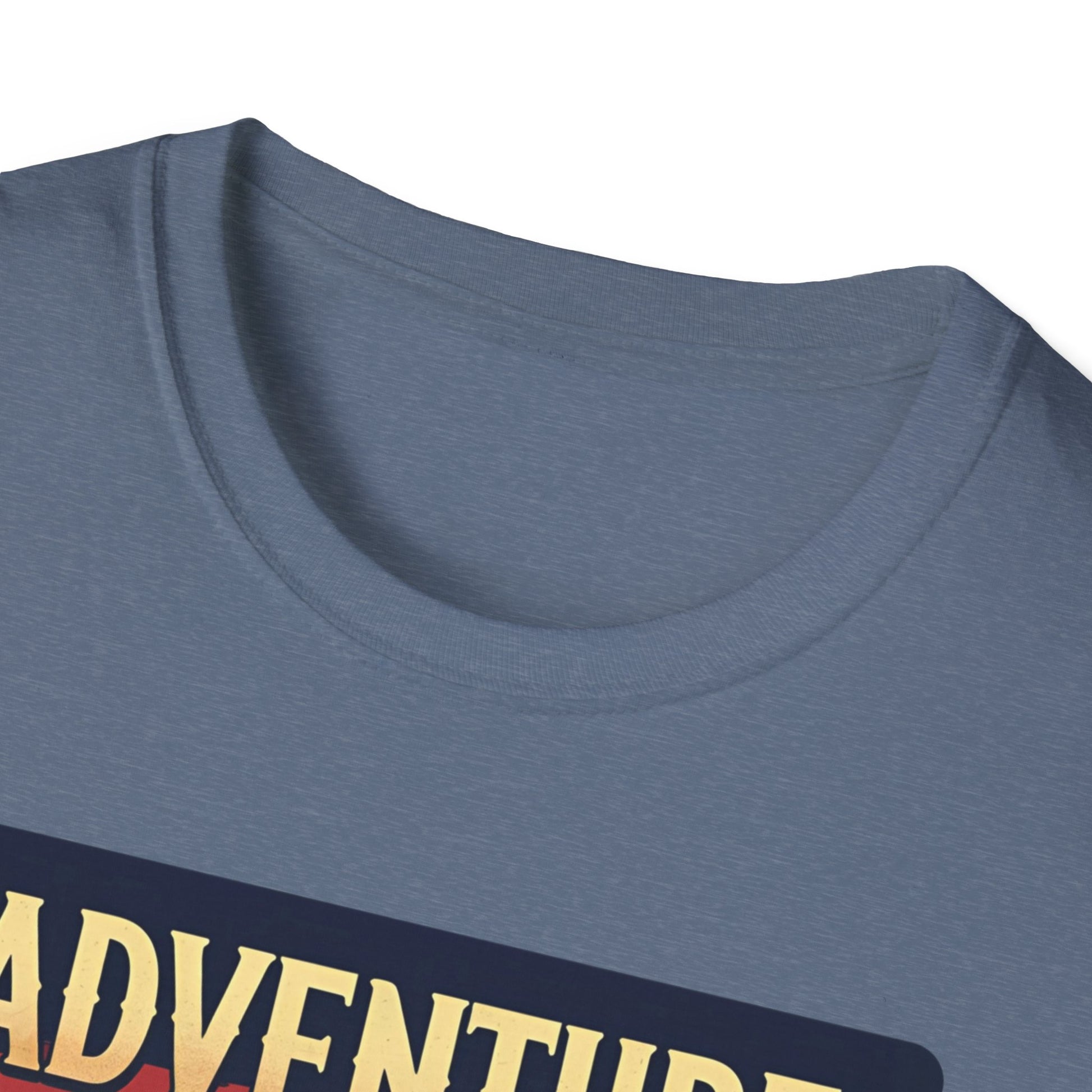 Adventure Awaits - Retro Camper Van Adventure T-Shirt in Heather Indigo - Neckline
