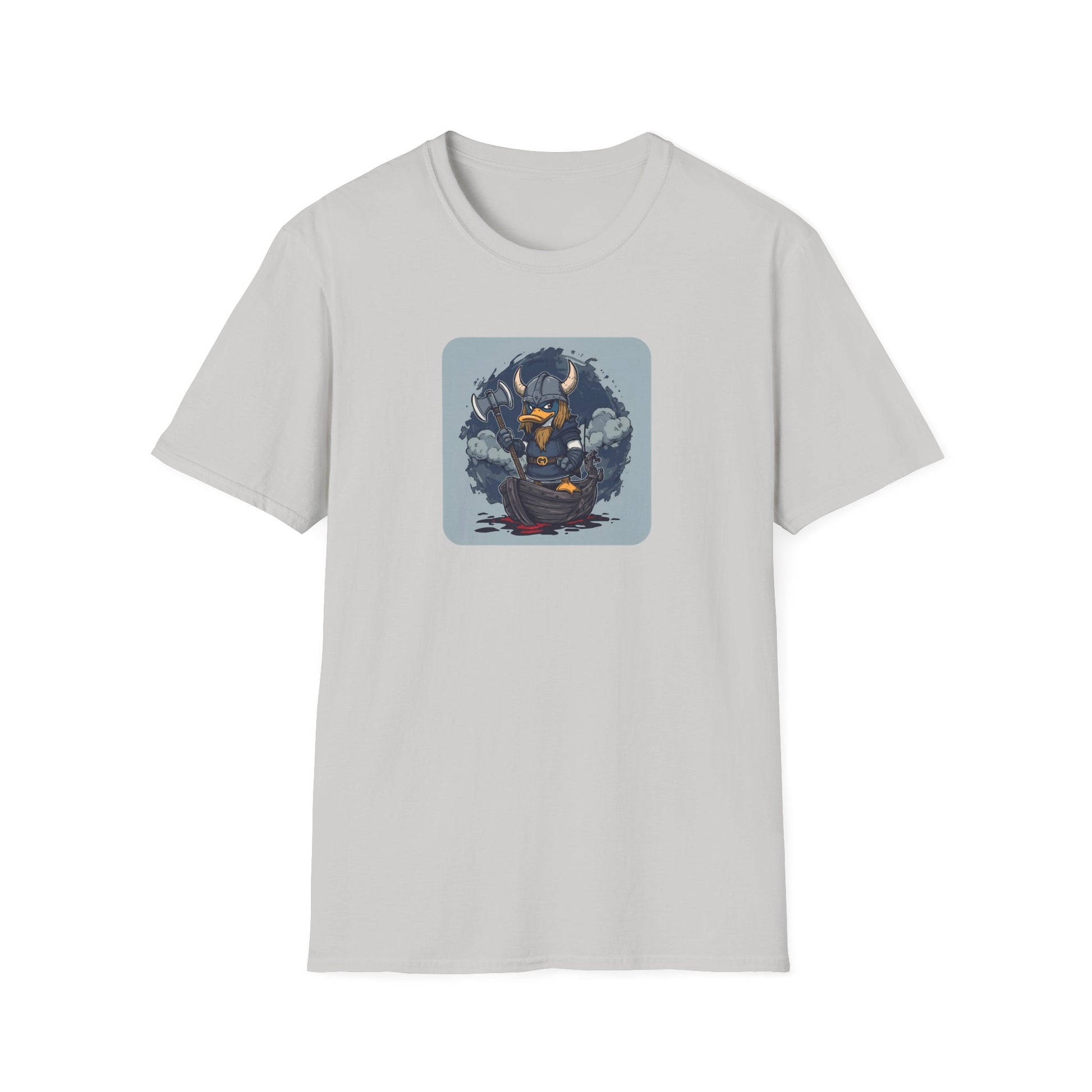 Goth Viking Duck – Dark Cartoon Chaos T-Shirt in Ice Grey