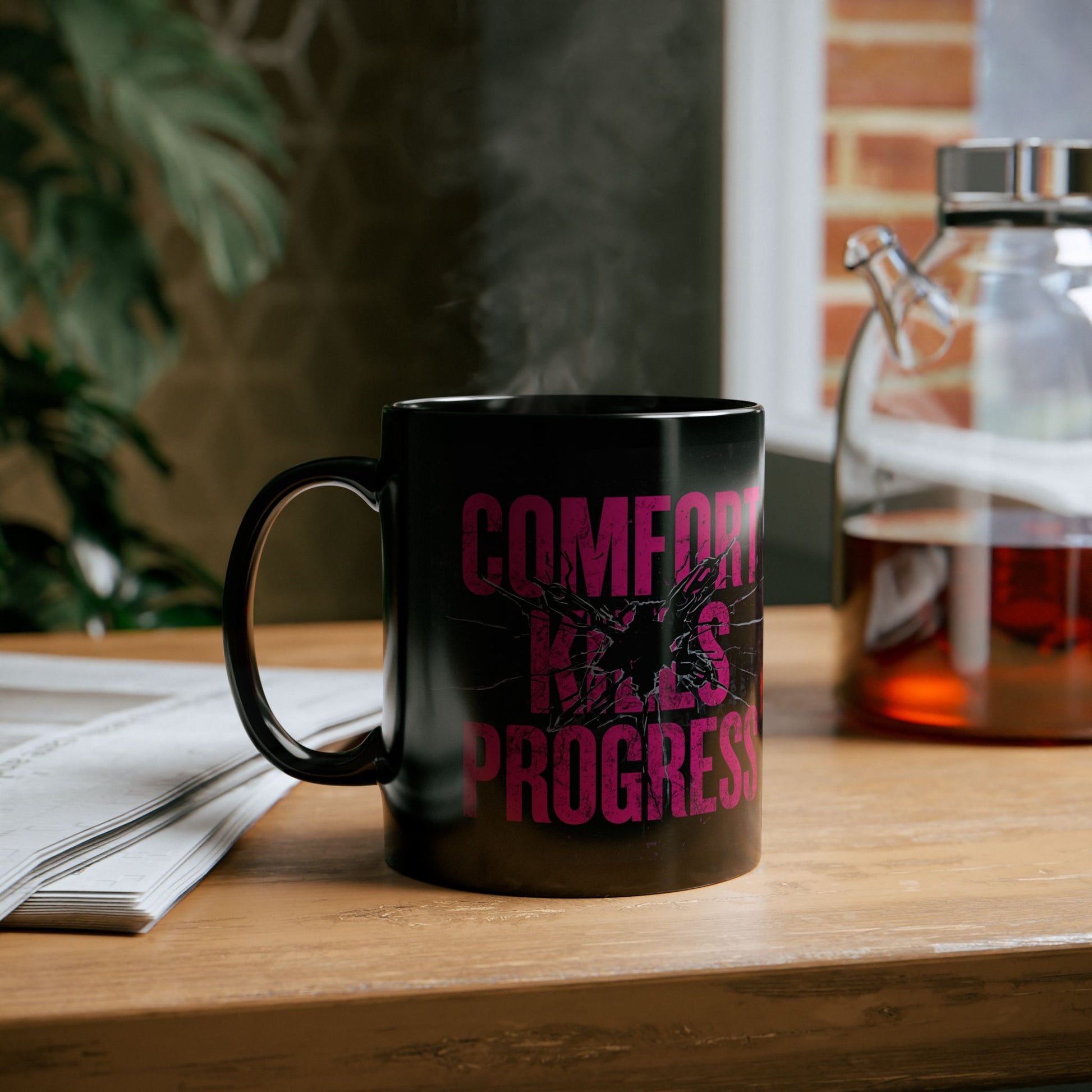 Comfort Kills Progress – Urban Grind Mug  - black mug with motivational text