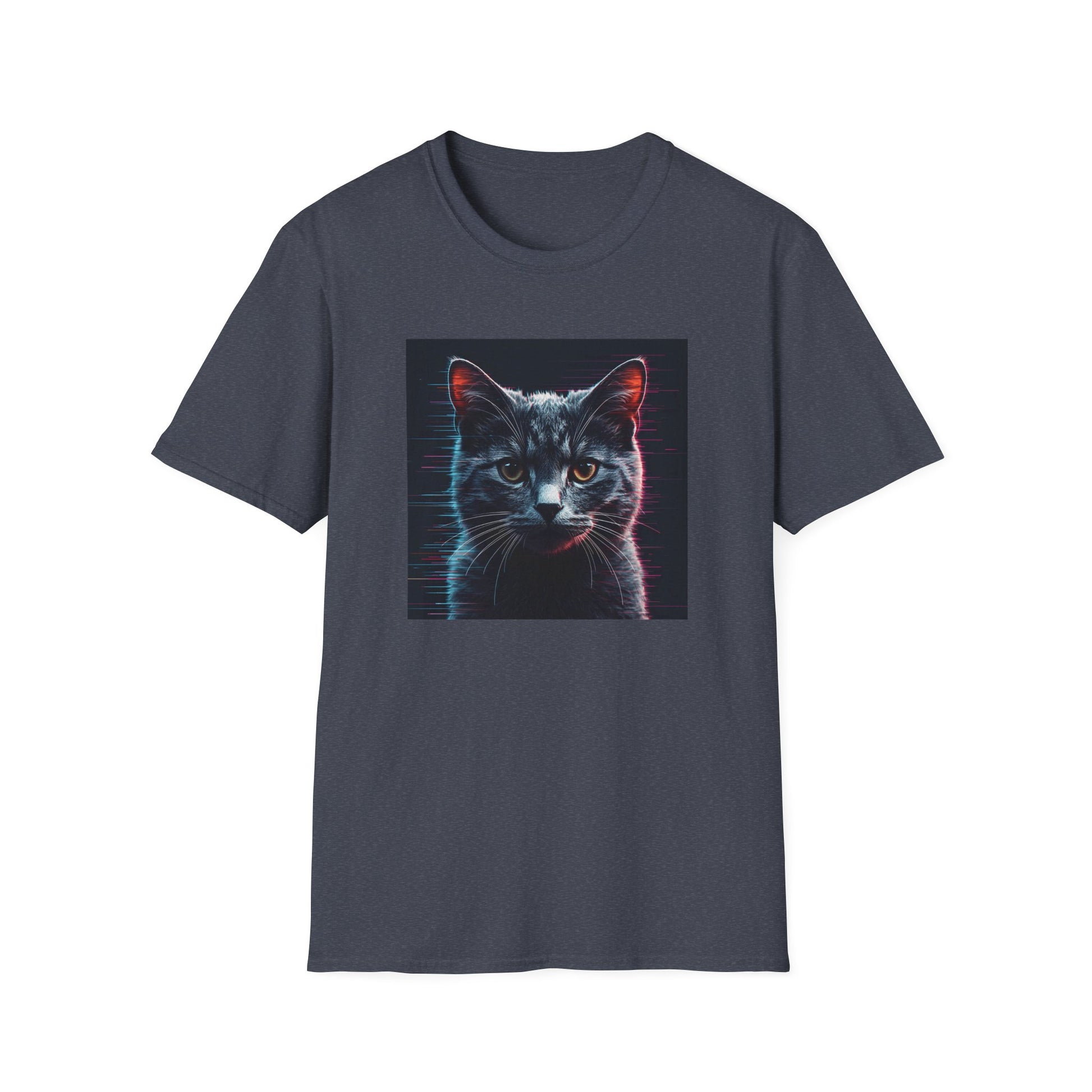 Pixellated Cat - Retro Meow Mode T-Shirt in Heather Navy