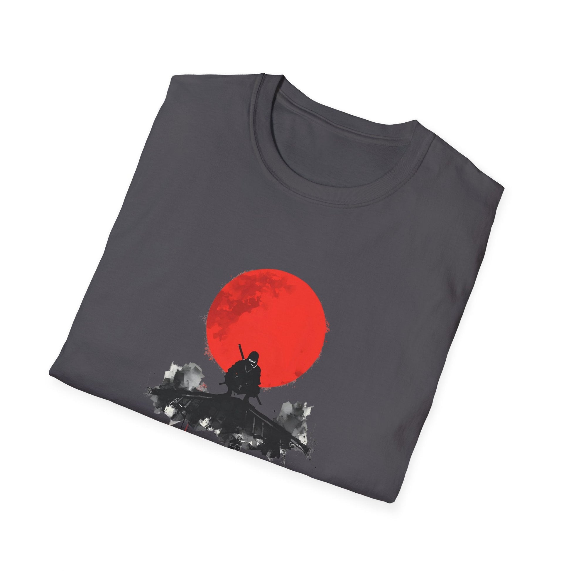 Folded Silent Watch Ninja Beneath the Crimson Moon T-Shirt in charcoal showing minimalist ninja artwork with a red moon, shadowed rooftop and black ink-style details.